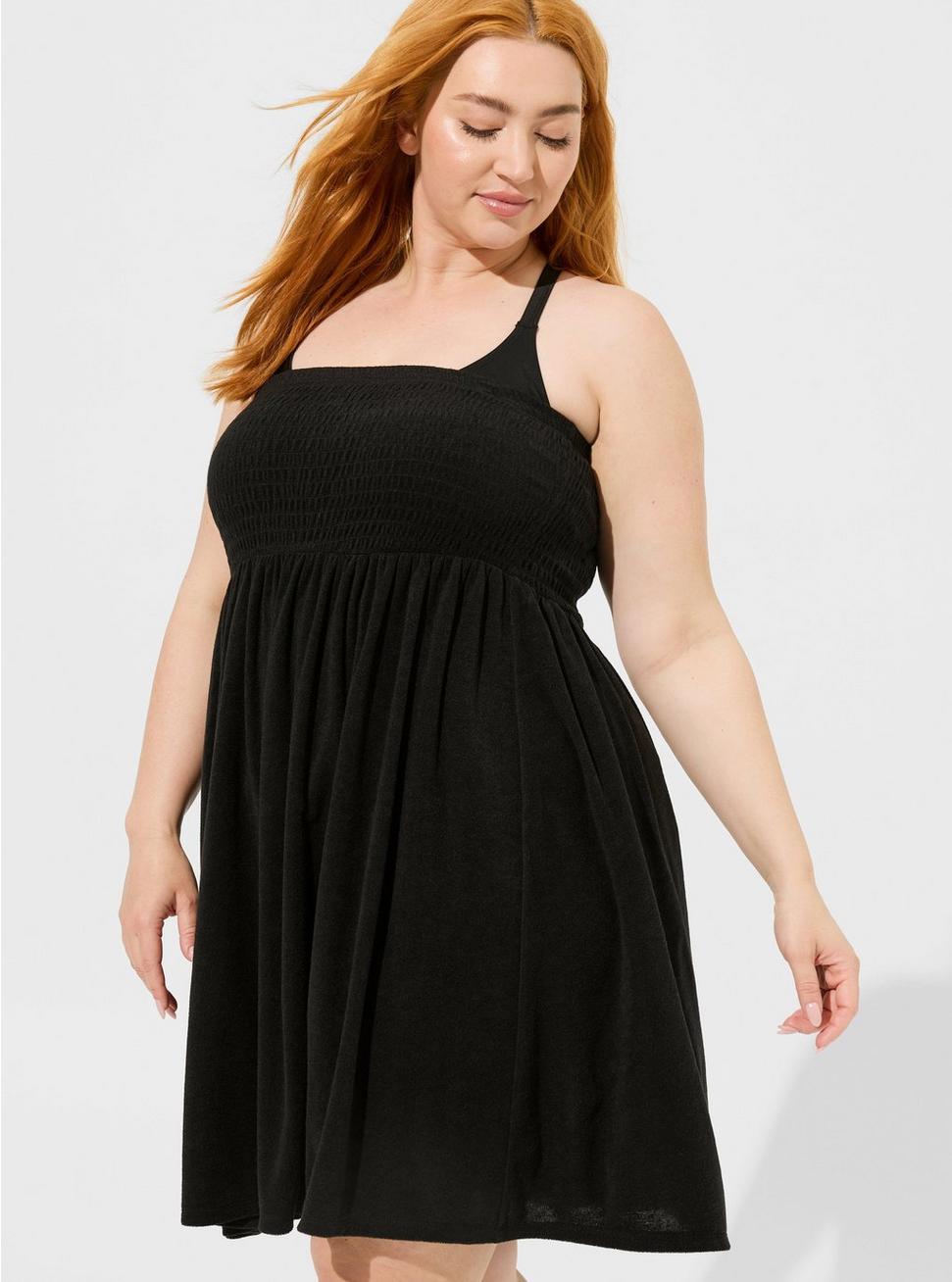 Plus Size Mini Terry Cloth Smocked Strapless Beach Dress, BLACK, hi-res