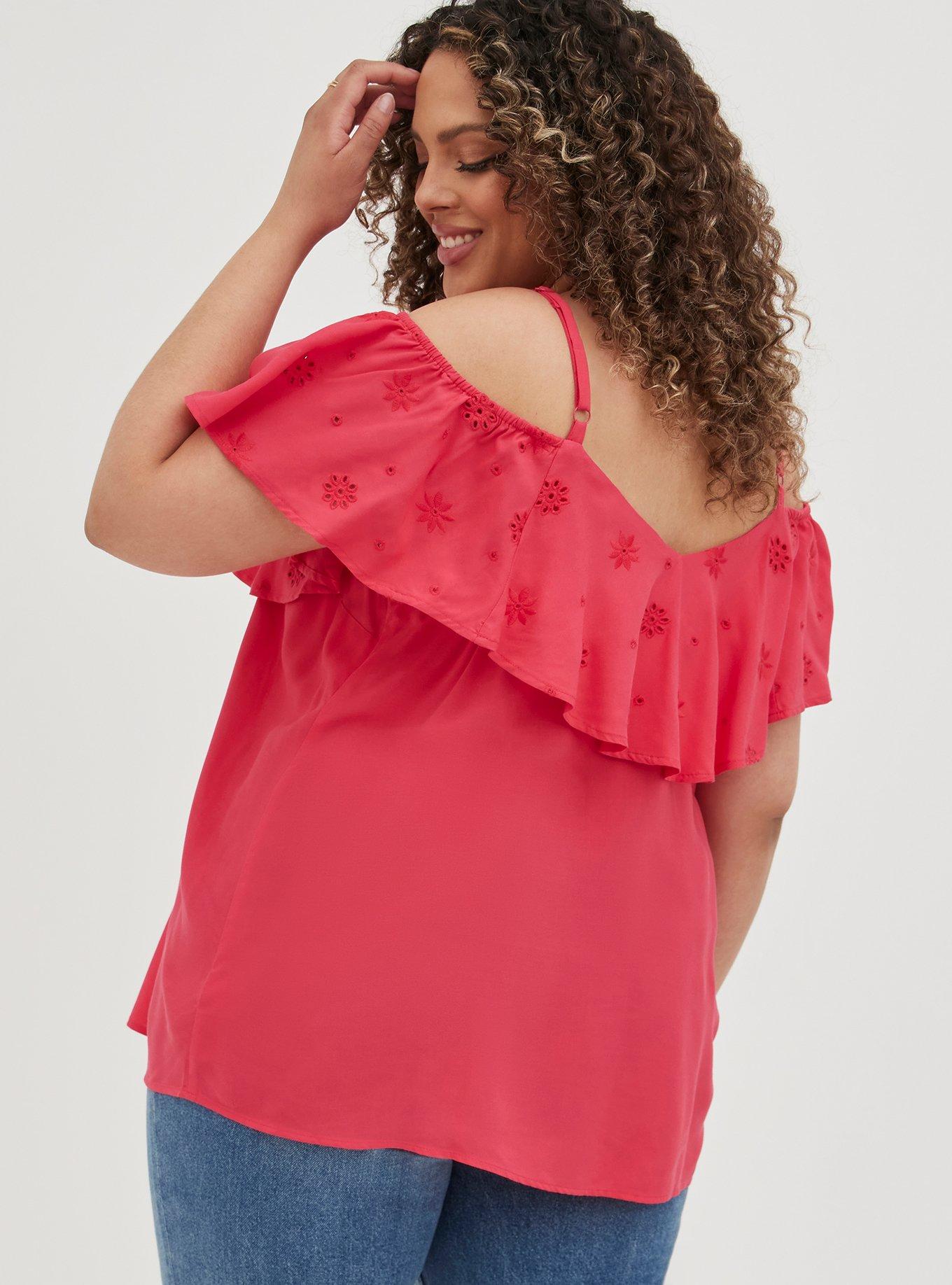 Plus Size Challis Embroidered Cold Shoulder Top, MAGENTA, alternate