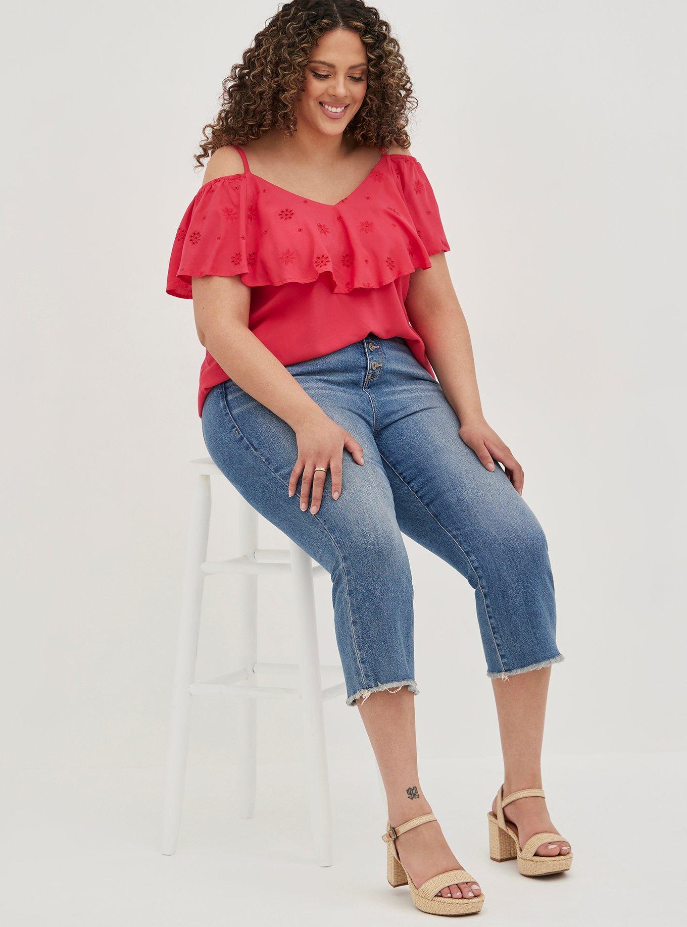 Plus Size Challis Embroidered Cold Shoulder Top, MAGENTA, alternate