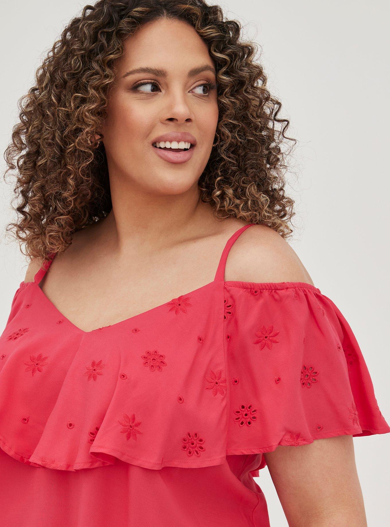 Plus Size Challis Embroidered Cold Shoulder Top, MAGENTA, alternate