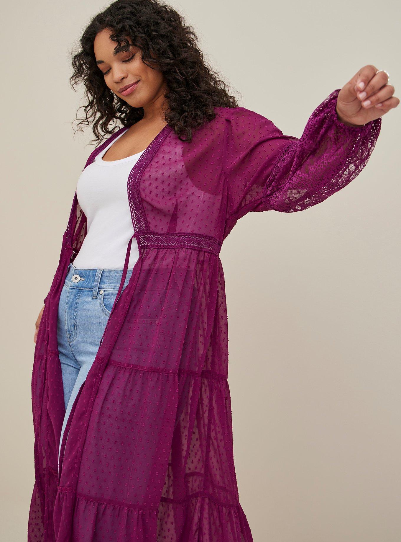 Plus Size Maxi Kimono - Clip Dot Chiffon Plum, PLUM, alternate