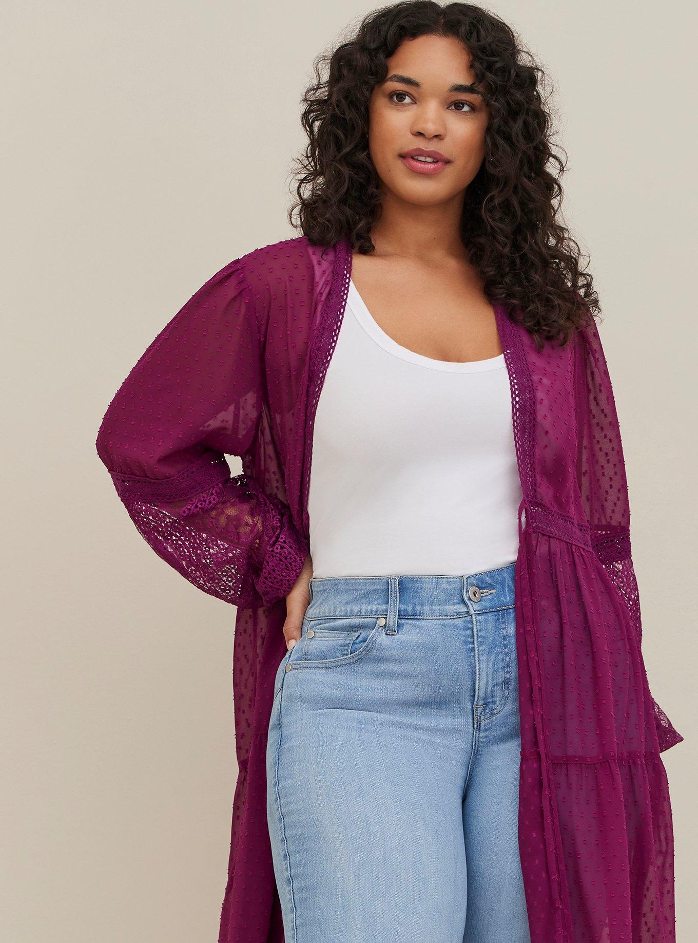 Plus Size Maxi Kimono - Clip Dot Chiffon Plum, PLUM, alternate