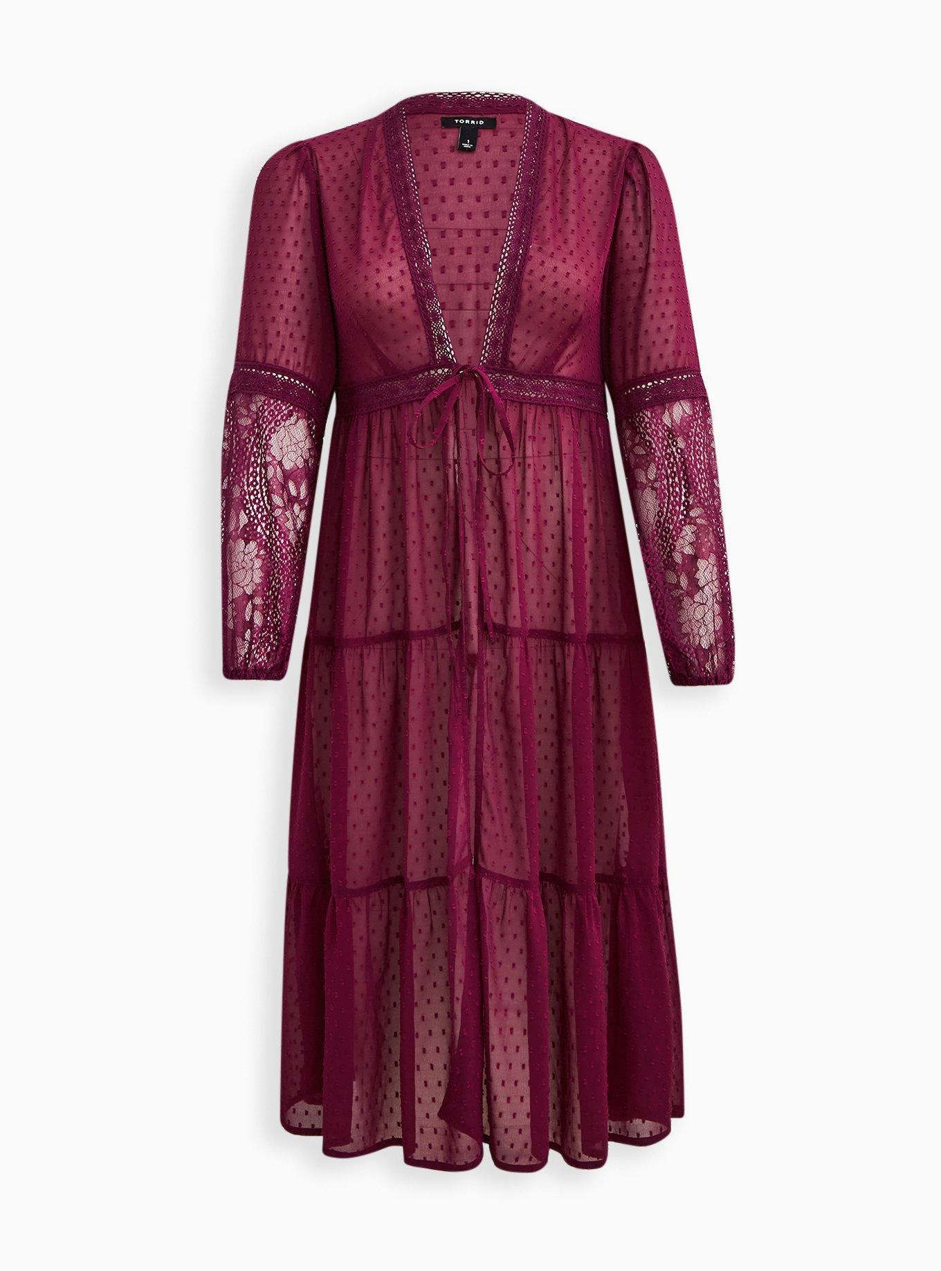 Plus Size Maxi Kimono - Clip Dot Chiffon Plum, PLUM, hi-res