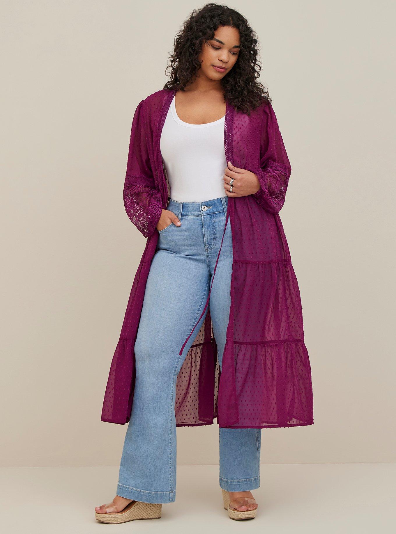 Plus Size Maxi Kimono - Clip Dot Chiffon Plum, PLUM, hi-res