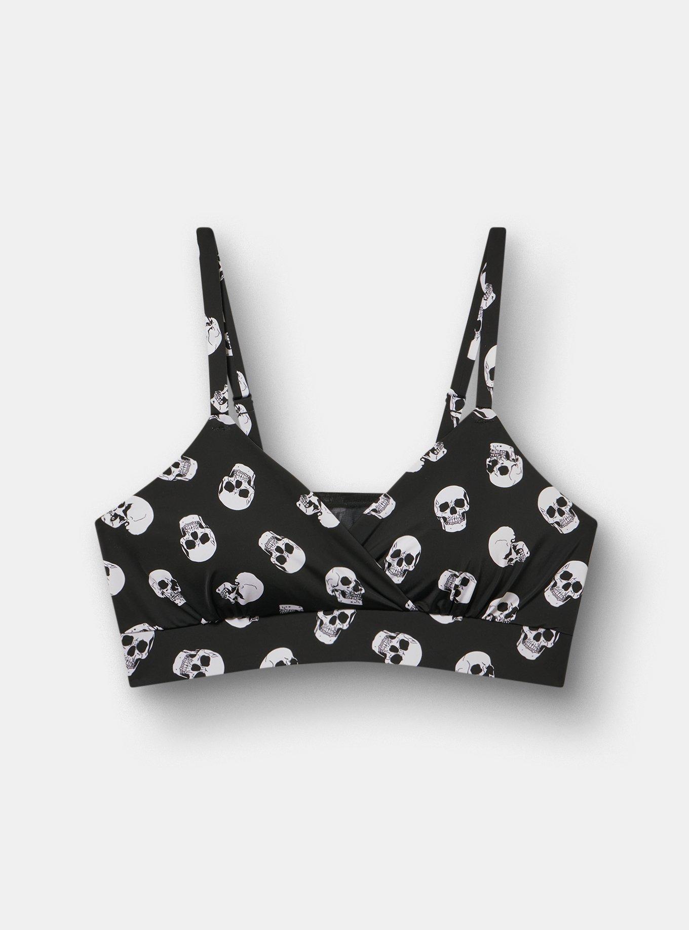 Plus Size Lightly Lined Microfiber Surplice Bralette, BUBBLEGUM SKULLS BLACK, flat