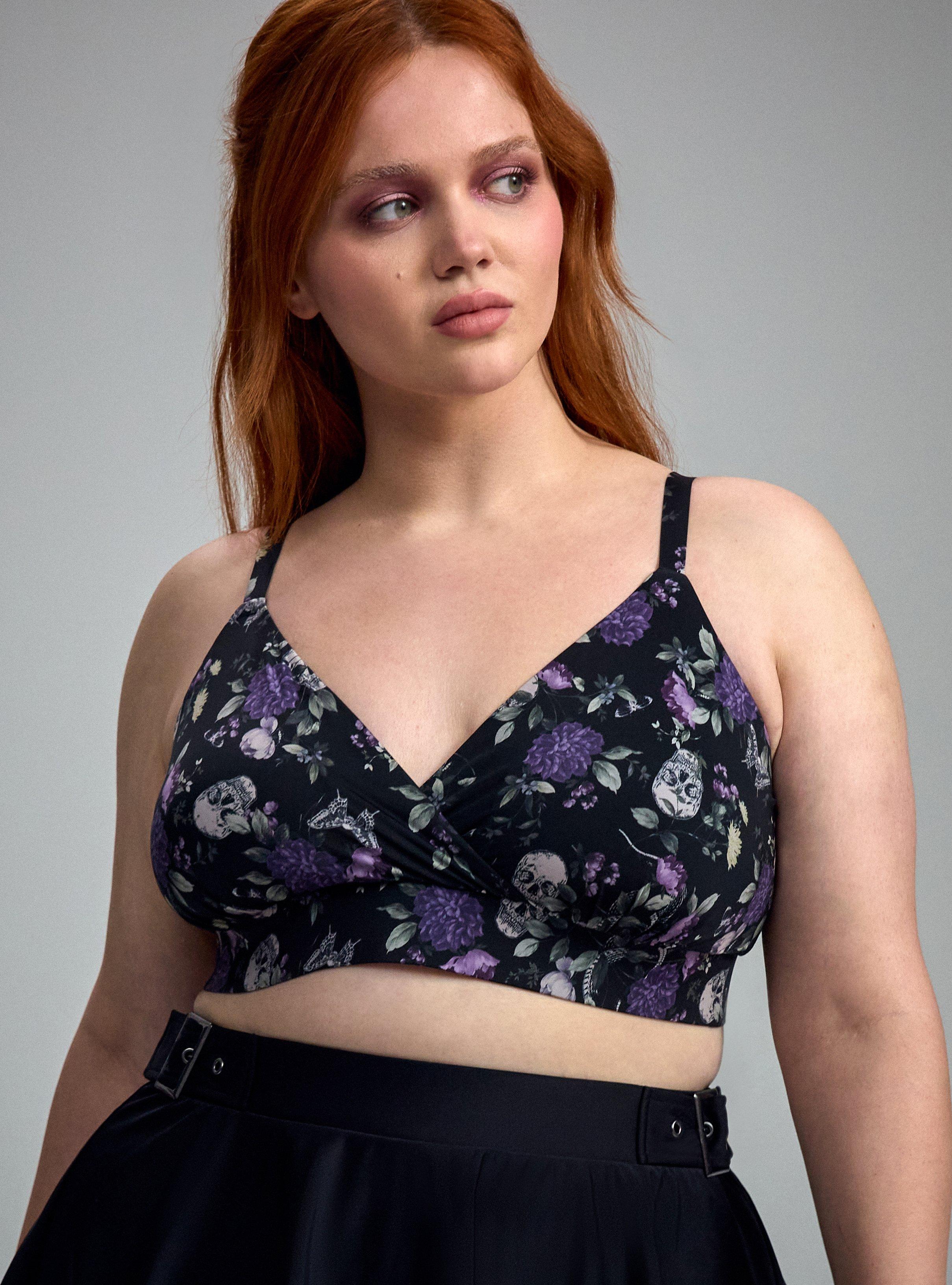 Lightly Lined Microfiber Surplice Bralette, CONSTANCE FLORAL BLACK, hi-res