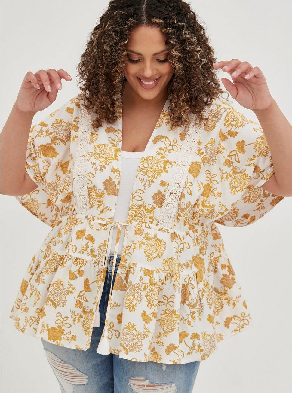 Plus Size Ruffle Kimono - Floral Yellow, , hi-res