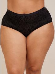 Plus Size Mesh and Flocking Mid Rise Brief Panty, BLACK STAR, alternate