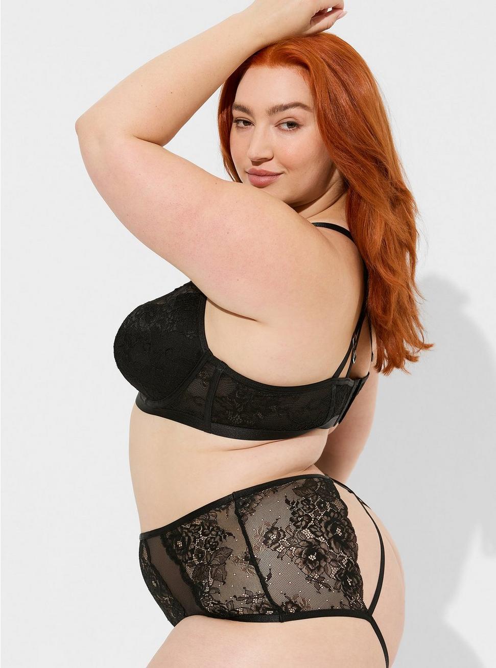 Lace Mid Rise Cheeky Panty With Open Bum, RICH BLACK, alternate
