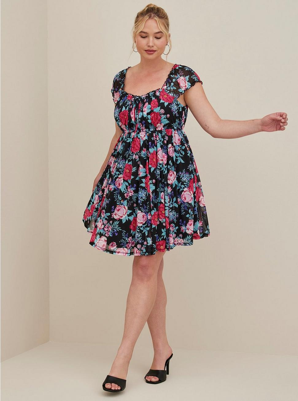 Plus Size Sweetheart Mini Dress - Mesh Floral Black, FLORAL BLACK, hi-res