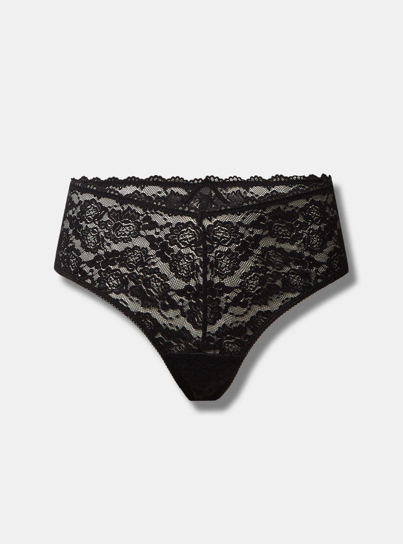 Plus Size Simply Lace Mid Rise Thong With V-Waist, RICH BLACK, hi-res