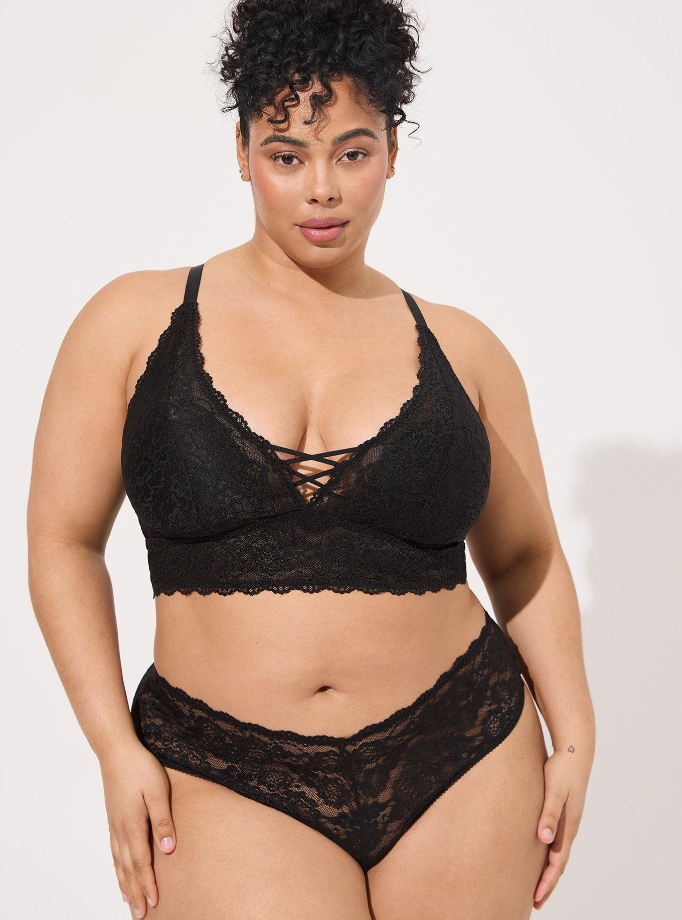 Plus Size Simply Lace Mid Rise Thong With V-Waist, RICH BLACK, hi-res