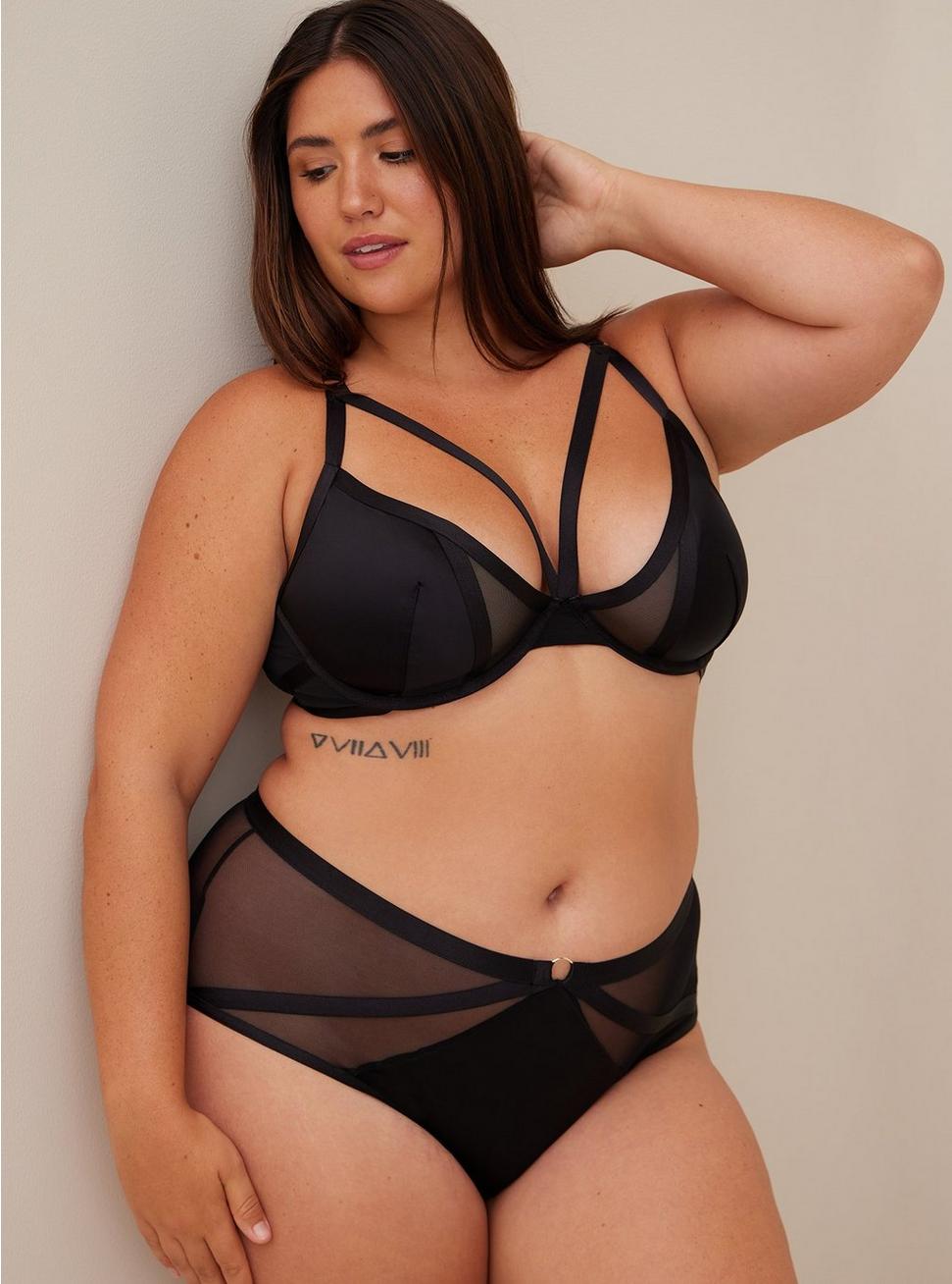 Plus Size Strappy Satin Cheeky Panty With Keyhole Back, RICH BLACK, hi-res