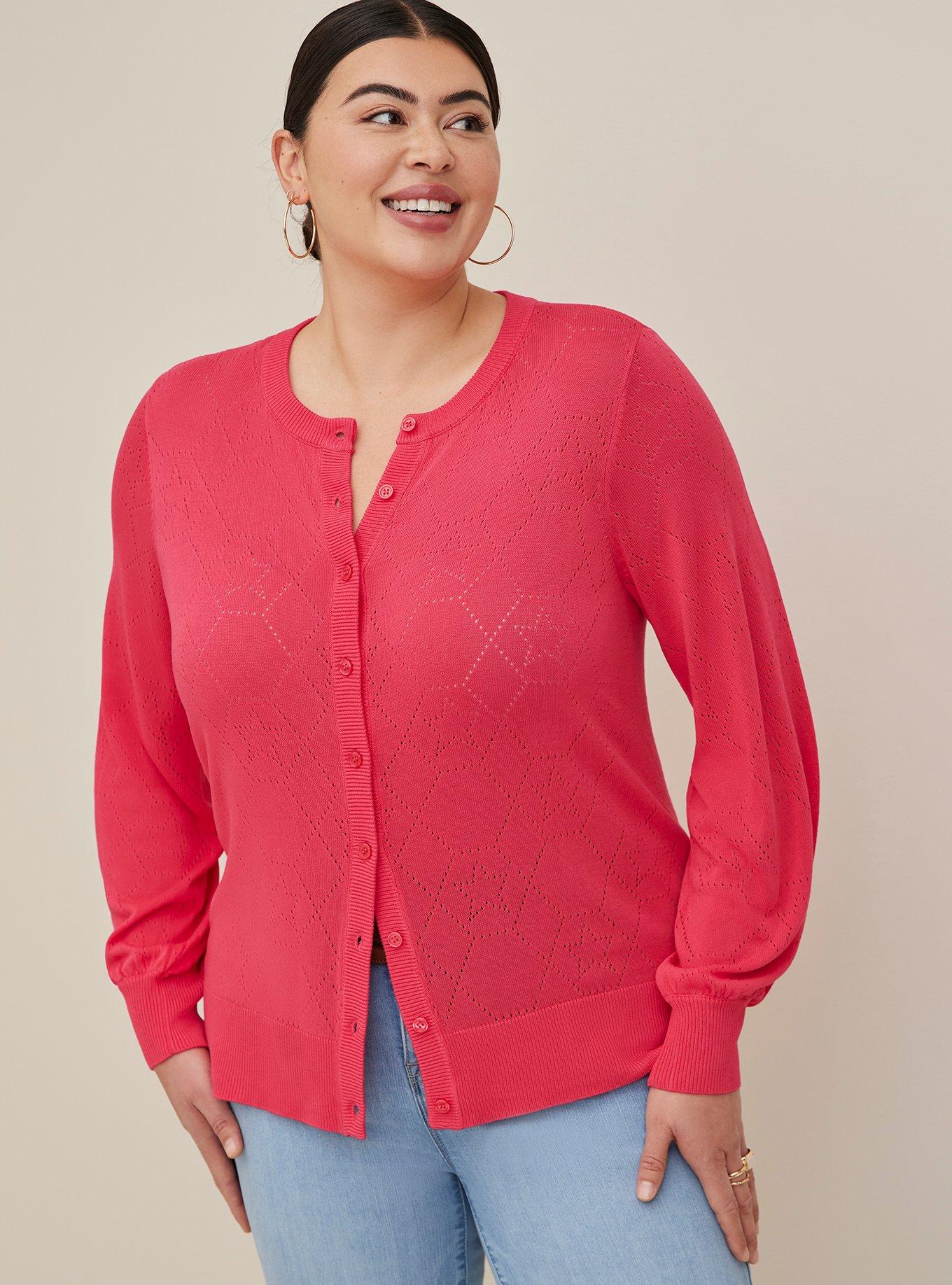 Pointelle Cardigan Sweater, RASPBERRY, hi-res