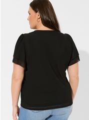Plus Size Stretch Mesh And Stretch Challis Crew Neck Double Flutter Sleeve Top, DEEP BLACK, alternate