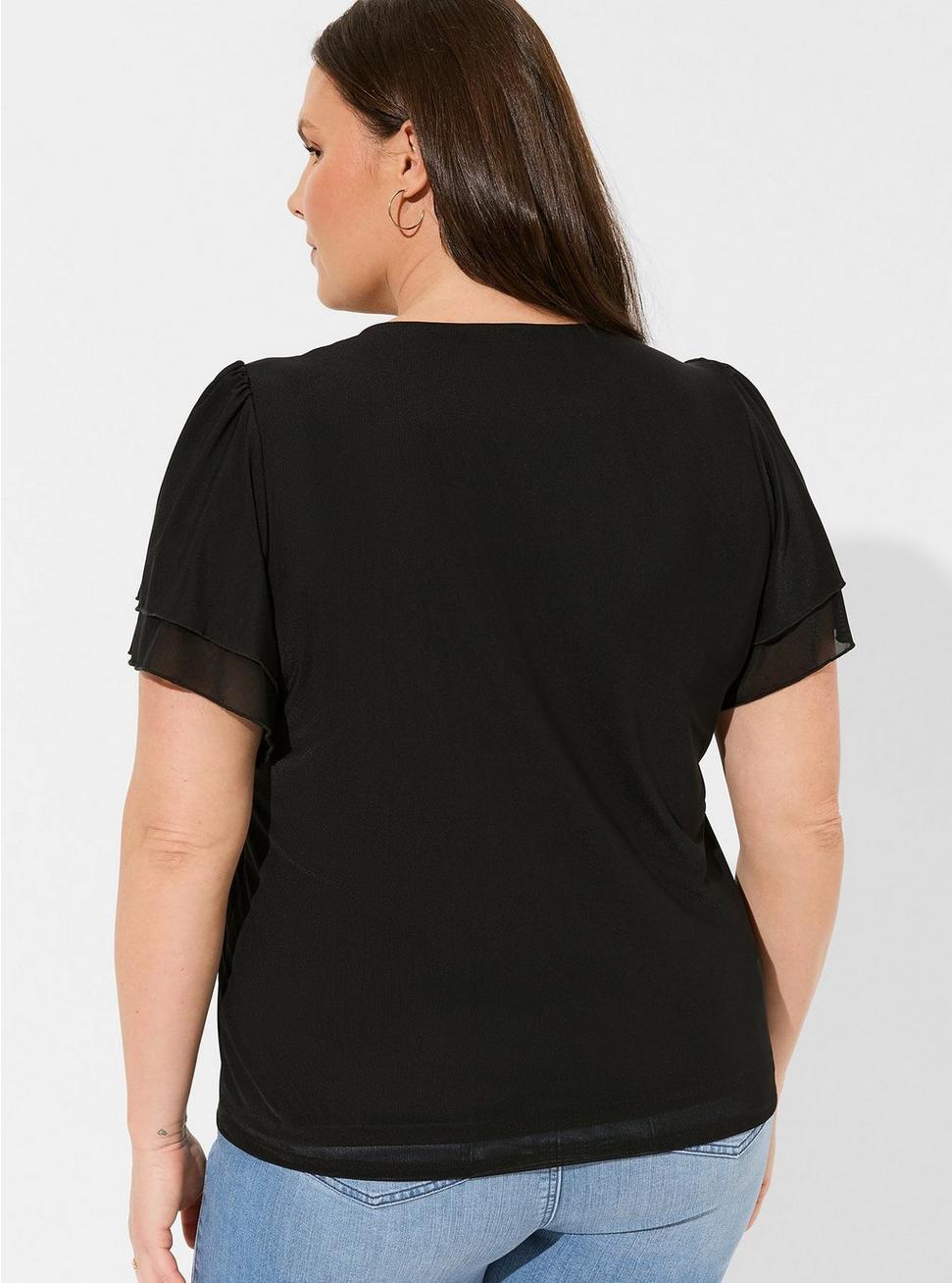 Stretch Mesh And Stretch Challis Crew Neck Double Flutter Sleeve Top, DEEP BLACK, alternate