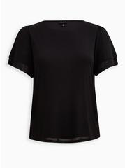 Plus Size Stretch Mesh And Stretch Challis Crew Neck Double Flutter Sleeve Top, DEEP BLACK, hi-res