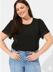 Plus Size Stretch Mesh And Stretch Challis Crew Neck Double Flutter Sleeve Top, DEEP BLACK, hi-res