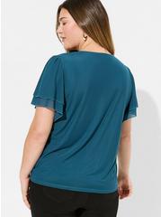 Stretch Mesh And Stretch Challis Crew Neck Double Flutter Sleeve Top, LEGION BLUE, alternate