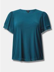 Stretch Mesh And Stretch Challis Crew Neck Double Flutter Sleeve Top, LEGION BLUE, hi-res