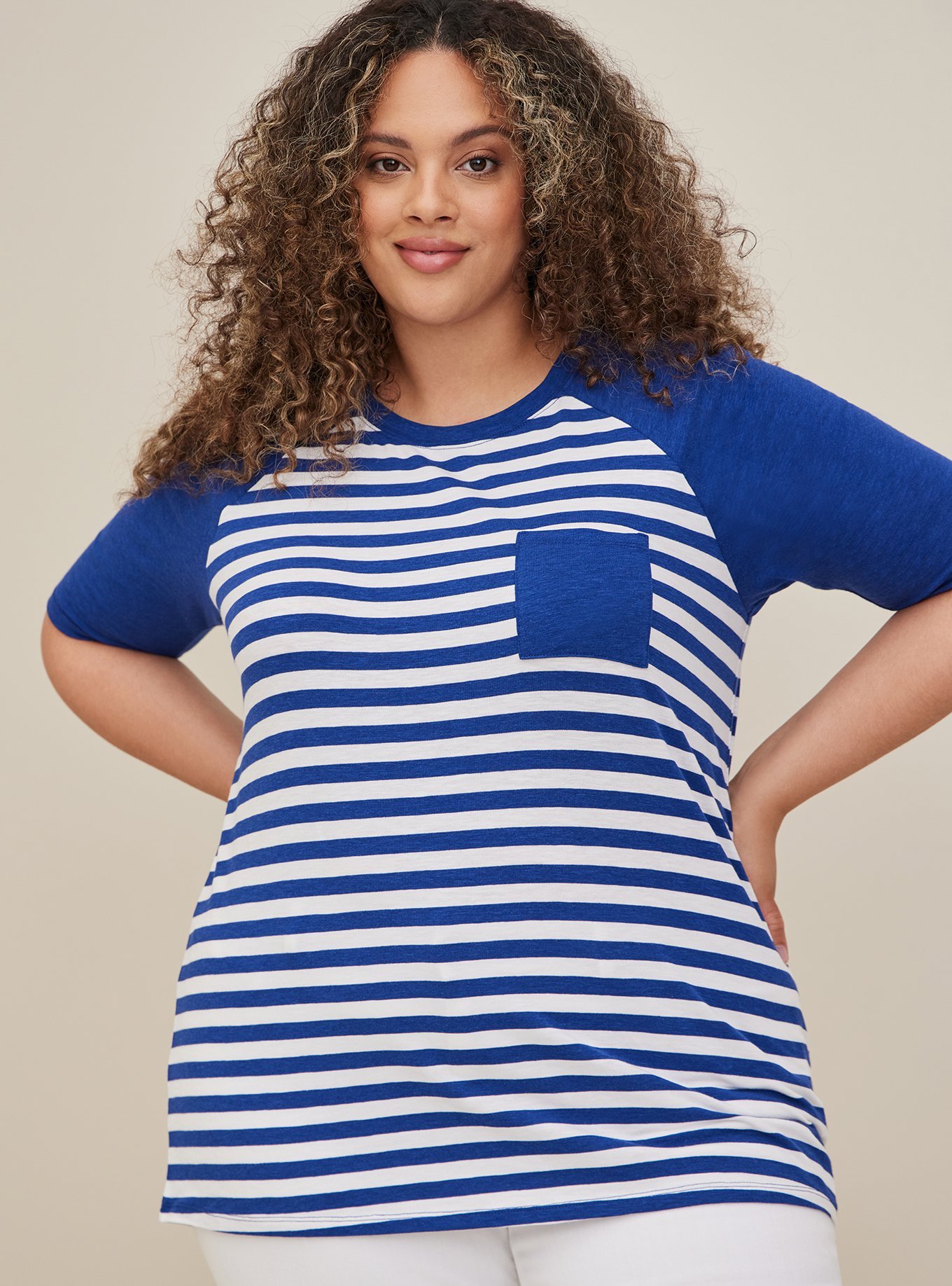 Plus Size - Raglan Pocket Tee - Super Soft Slub Stripe Blue - Torrid