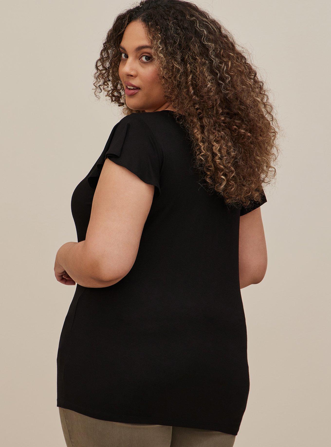 Plus Size Classic Fit Super Soft V-Neck Flutter Sleeve Tee, DEEP BLACK, alternate