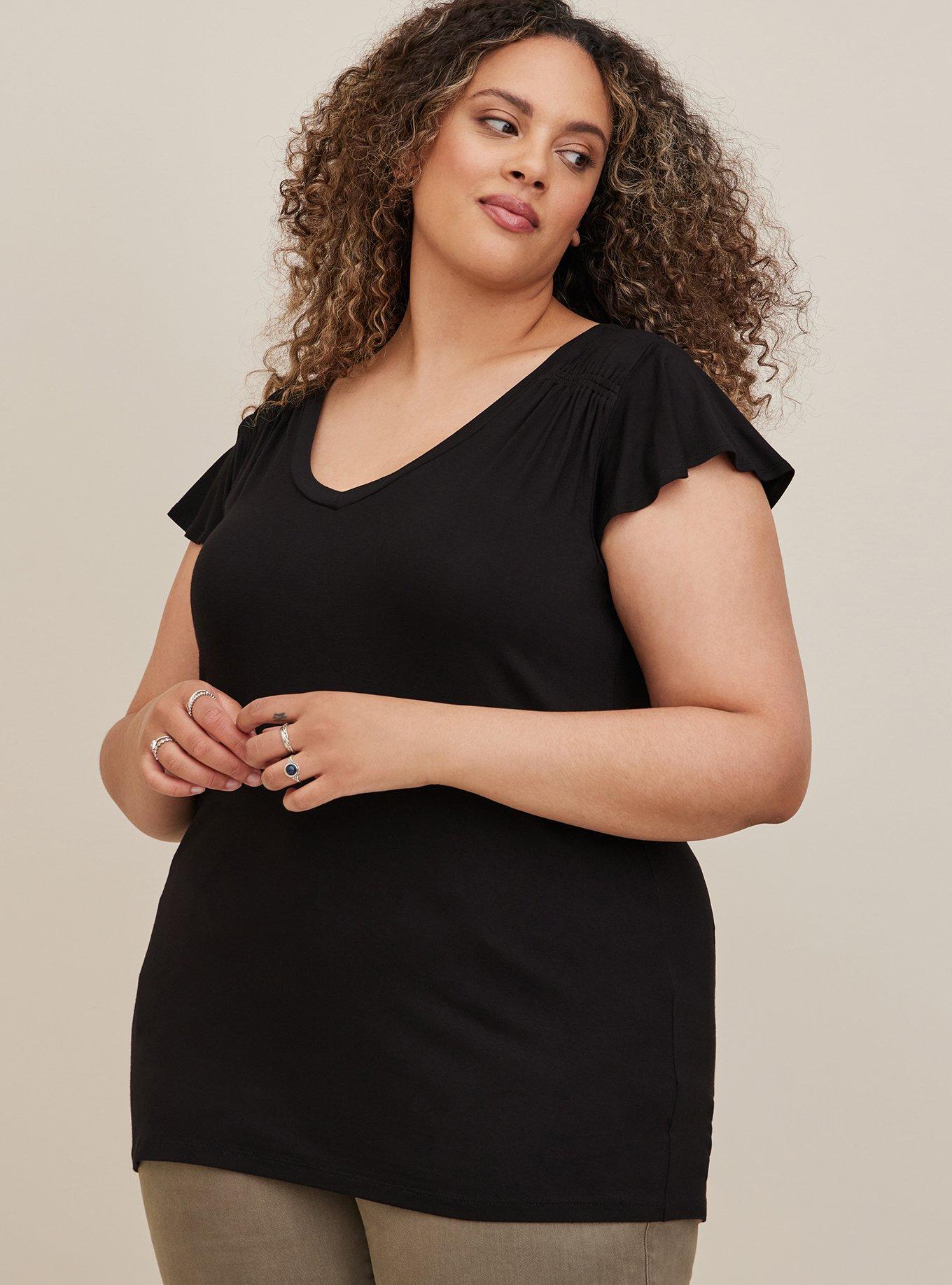 Plus Size Classic Fit Super Soft V-Neck Flutter Sleeve Tee, DEEP BLACK, hi-res