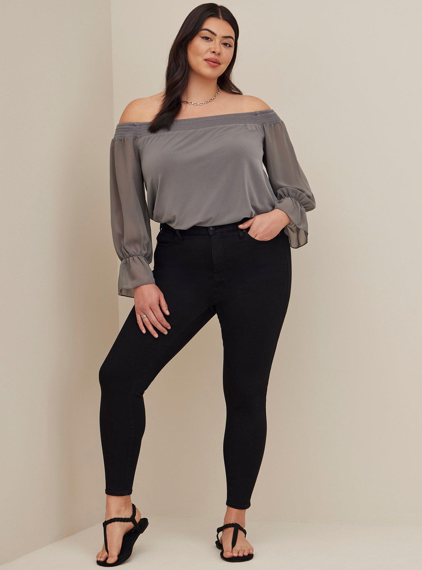 Studio Knit Off-Shoulder Smocked With Chiffon Sleeves Swing Top, GREY, alternate