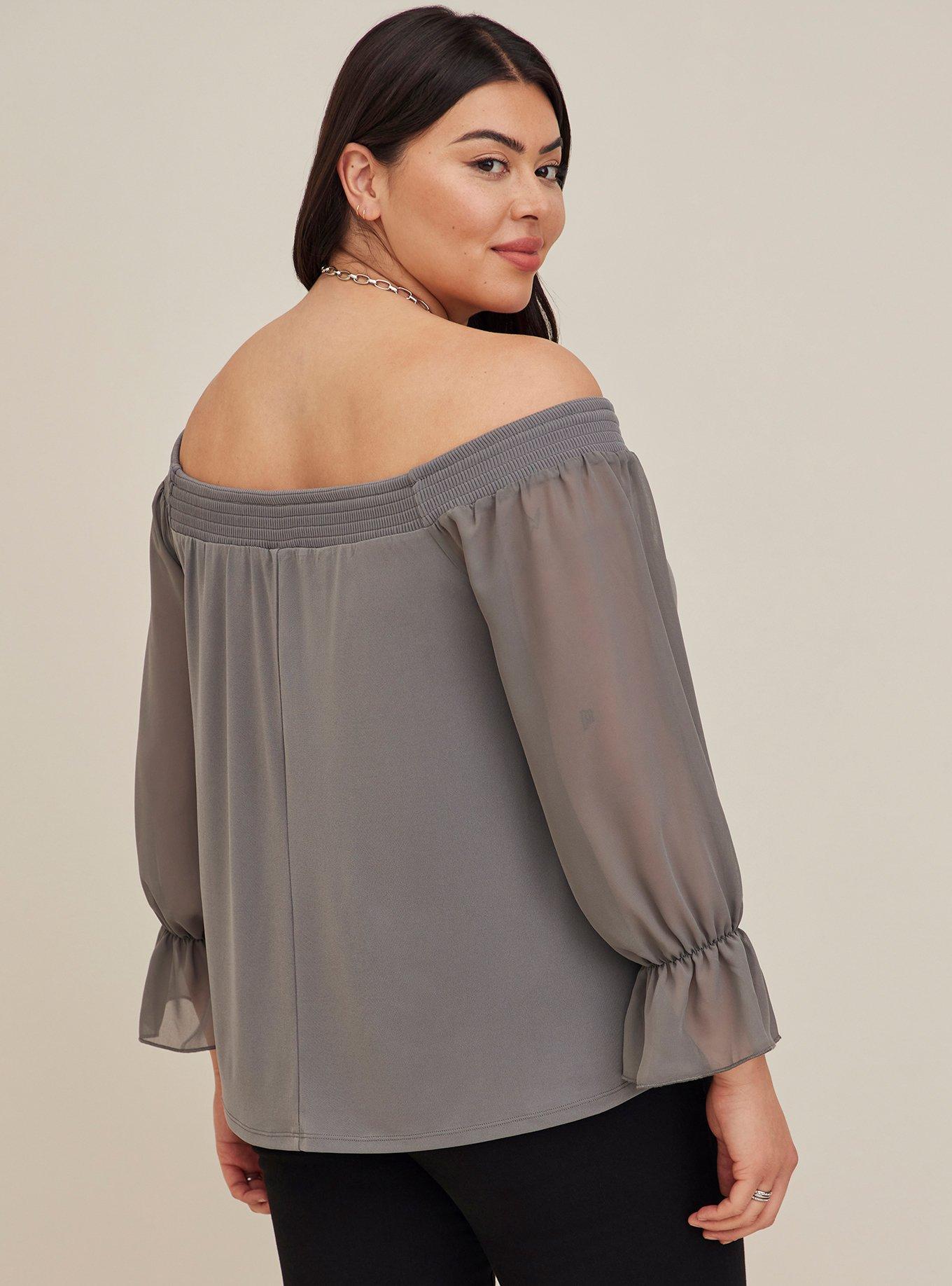 Studio Knit Off-Shoulder Smocked With Chiffon Sleeves Swing Top, GREY, alternate