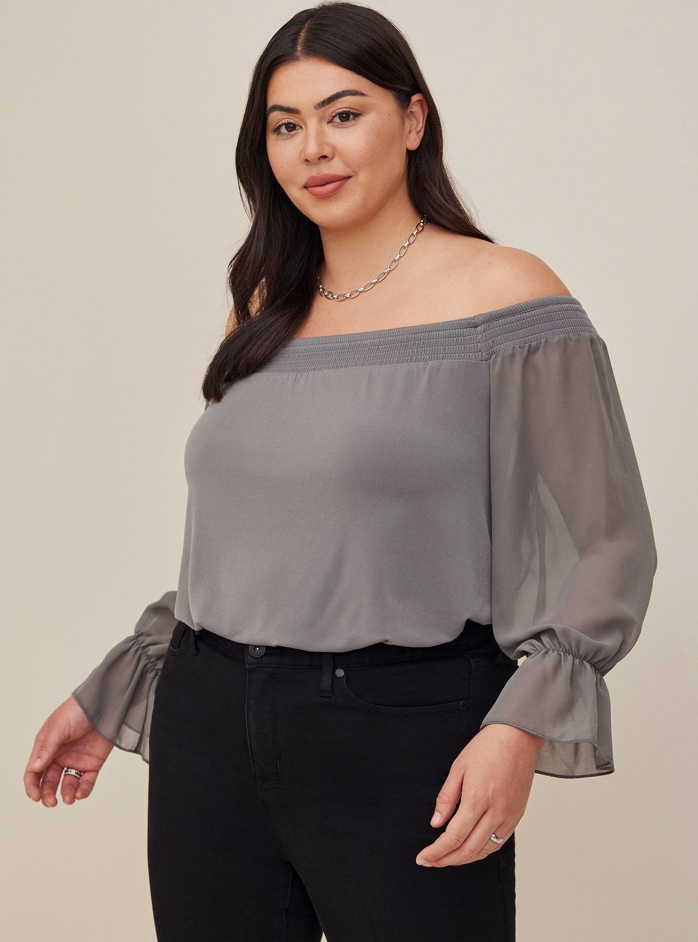Studio Knit Off-Shoulder Smocked With Chiffon Sleeves Swing Top, GREY, hi-res