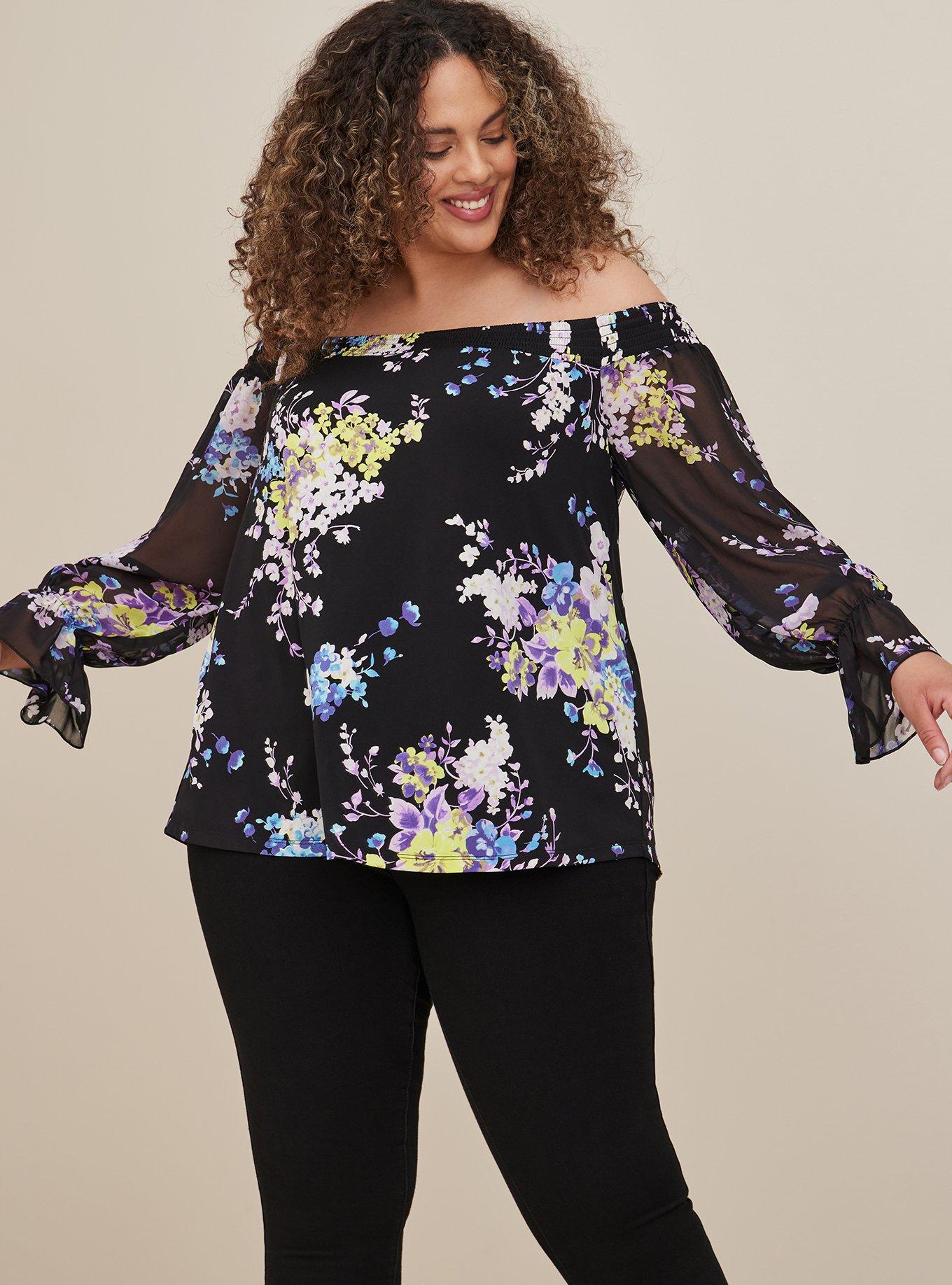 Studio Knit Off-Shoulder Smocked With Chiffon Sleeves Swing Top, OTHER PRINTS, hi-res