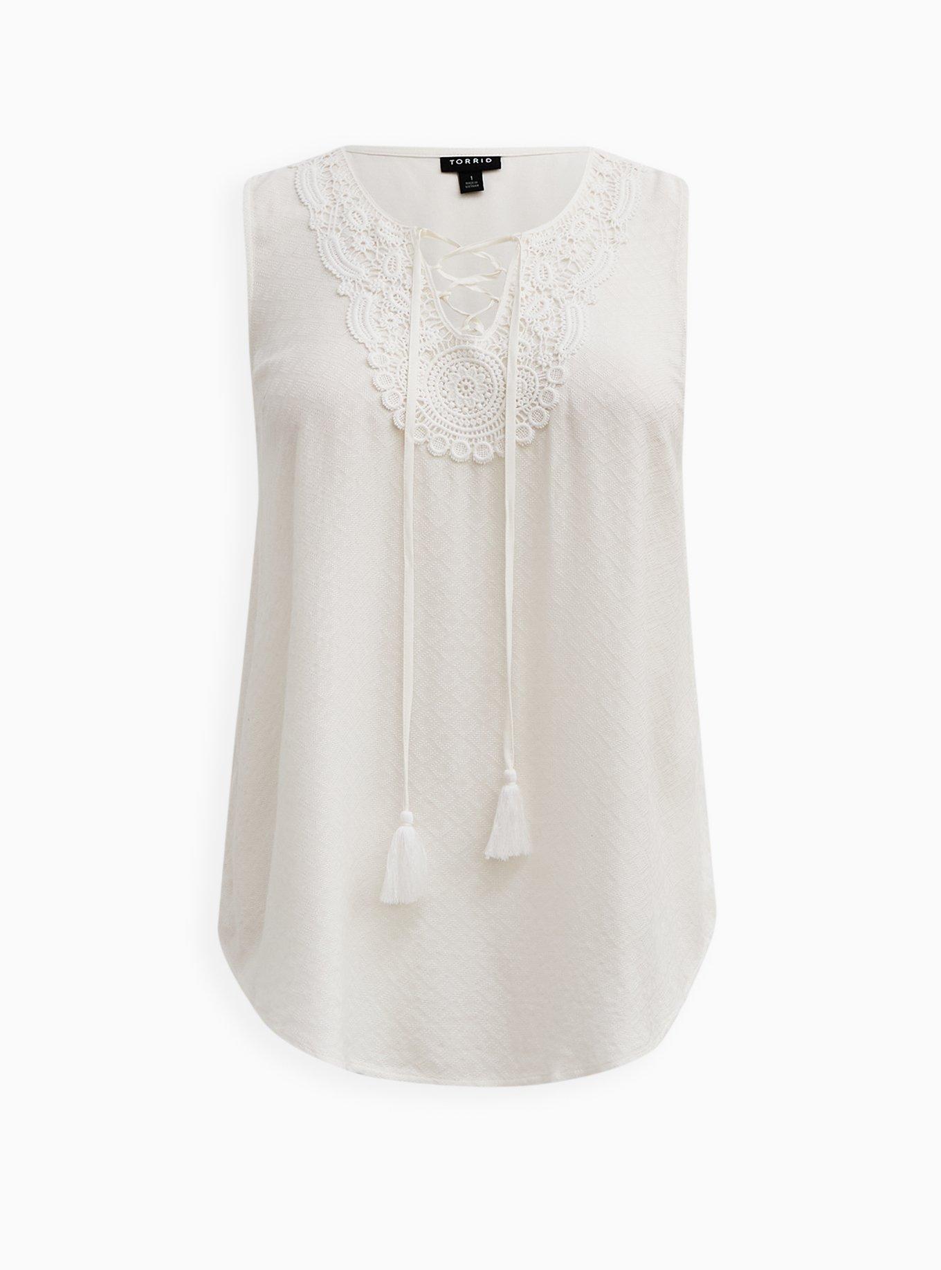 Textured Woven With Challis Back Crochet Detail Lace-Up Tank, CLOUD DANCER, hi-res