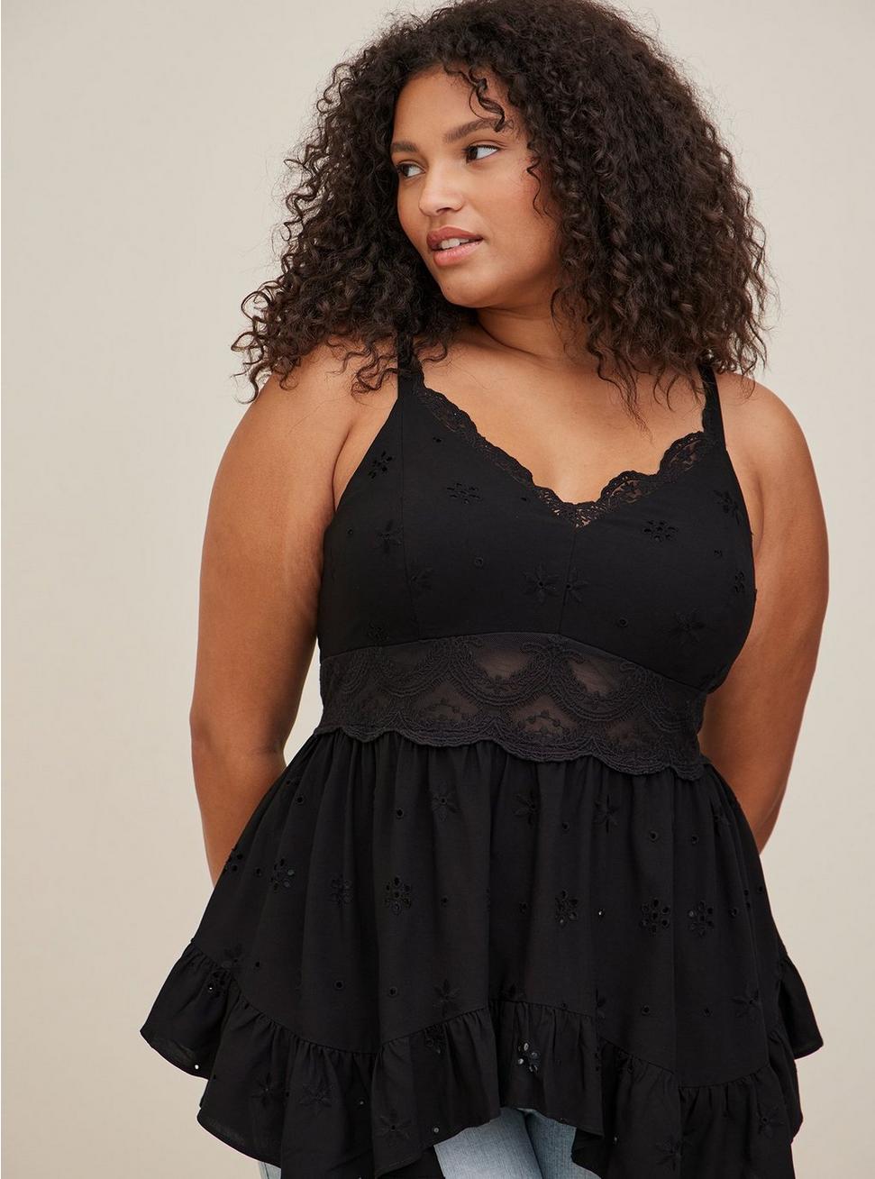 Plus Size Babydoll Eyelet With Lace Detail Top, DEEP BLACK, hi-res
