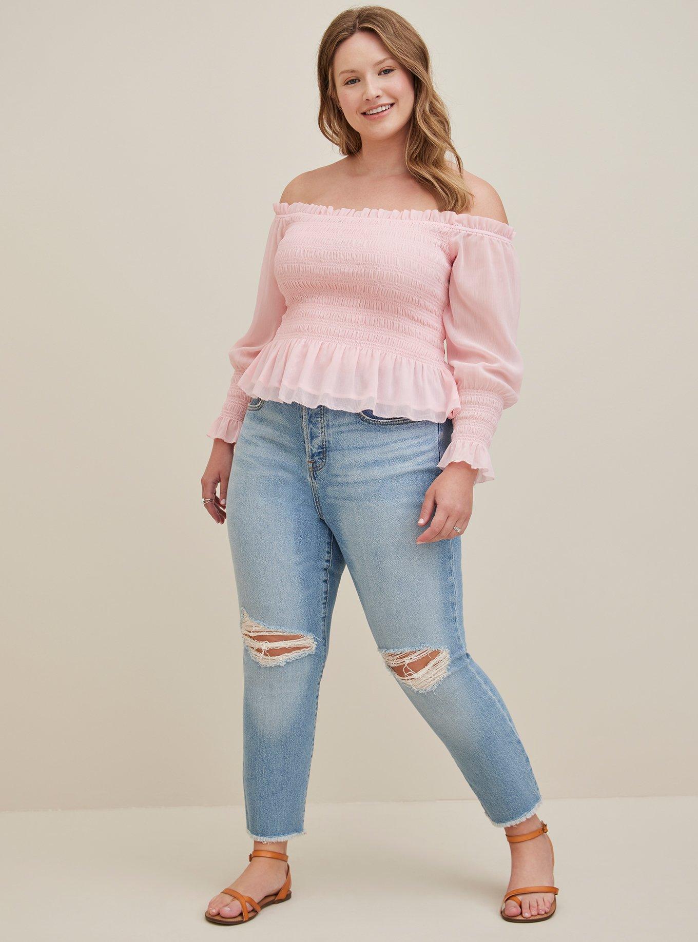 Plus Size Crinkle Chiffon Smocked Waist Off-Shoulder Crop Top, PINK, alternate