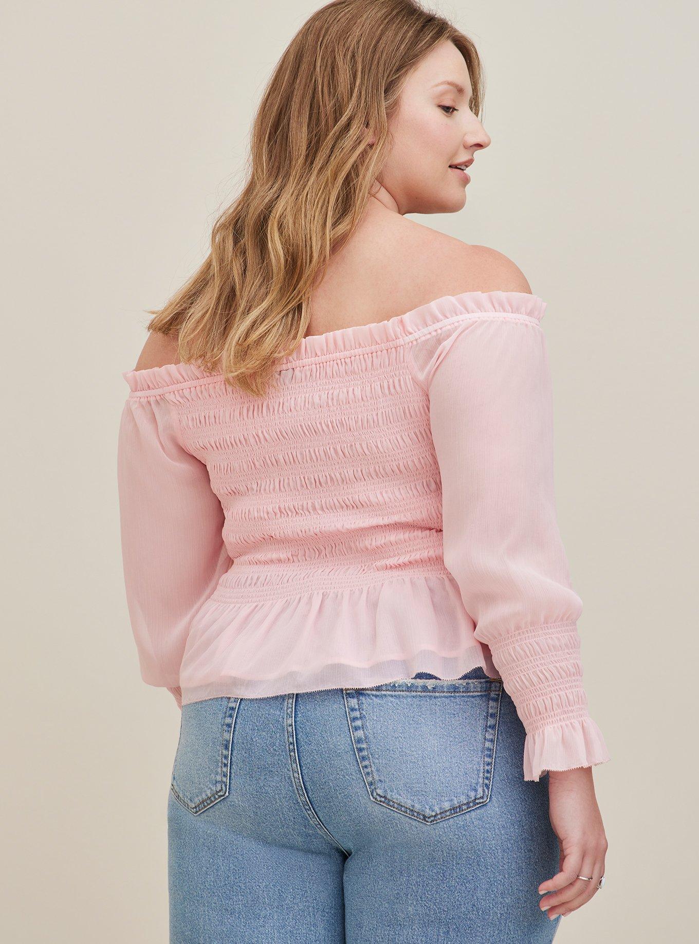 Plus Size Crinkle Chiffon Smocked Waist Off-Shoulder Crop Top, PINK, alternate