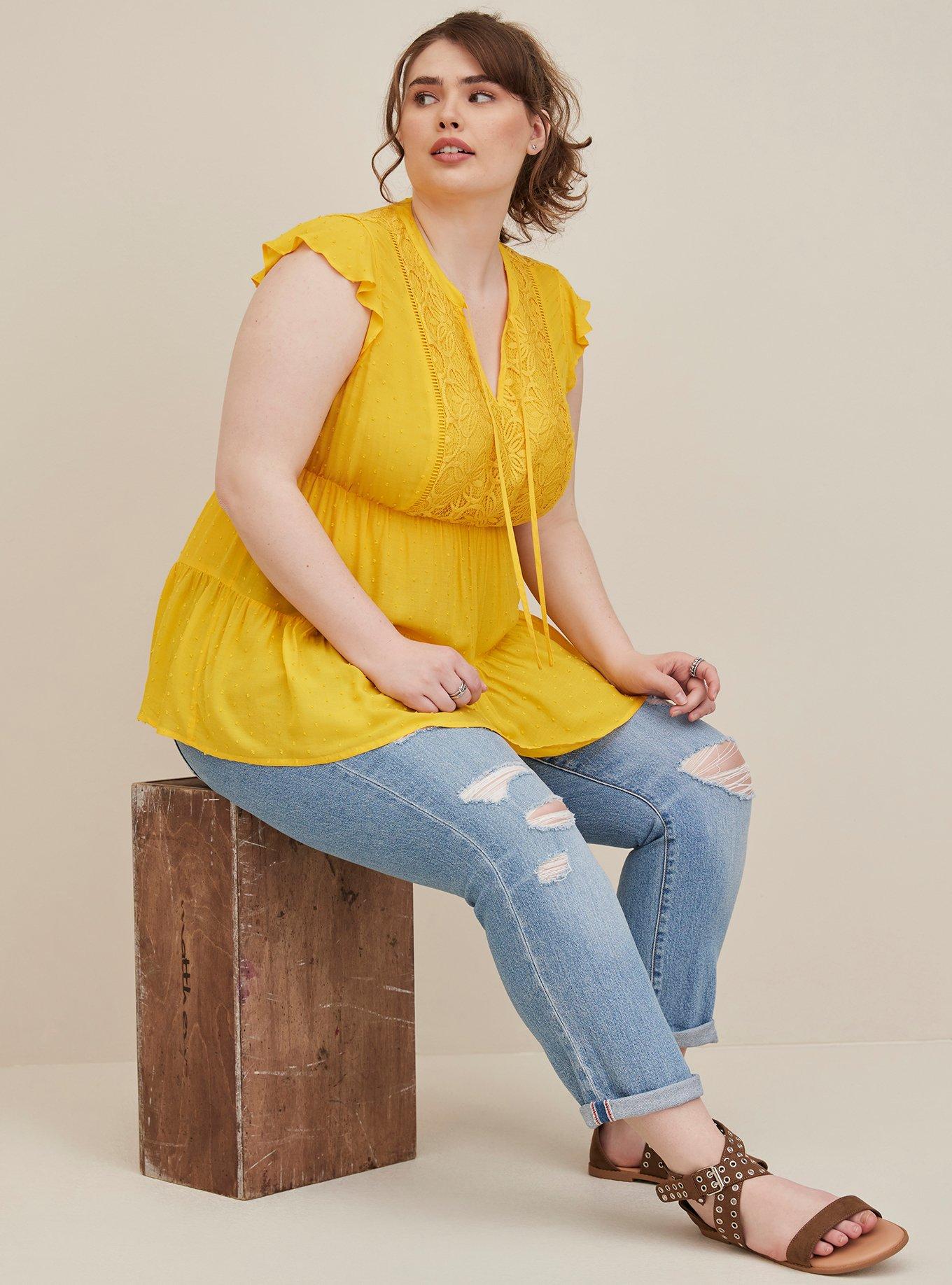 Chiffon Swiss Dot Crochet Inset Tie-Front Top, YELLOW, alternate