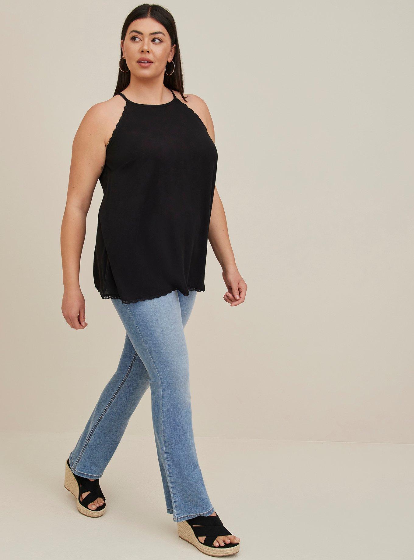 Plus Size Gauze Lace Trim Goddess Neck Tank, DEEP BLACK, alternate