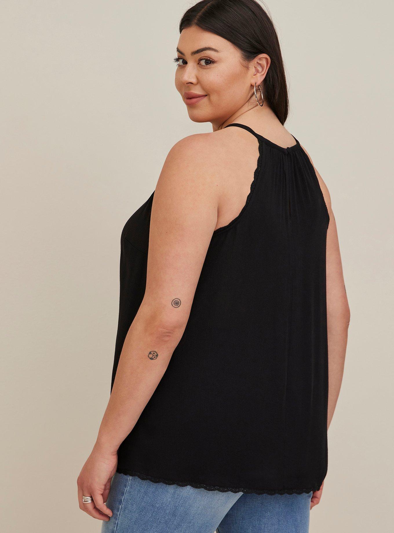 Plus Size Gauze Lace Trim Goddess Neck Tank, DEEP BLACK, alternate