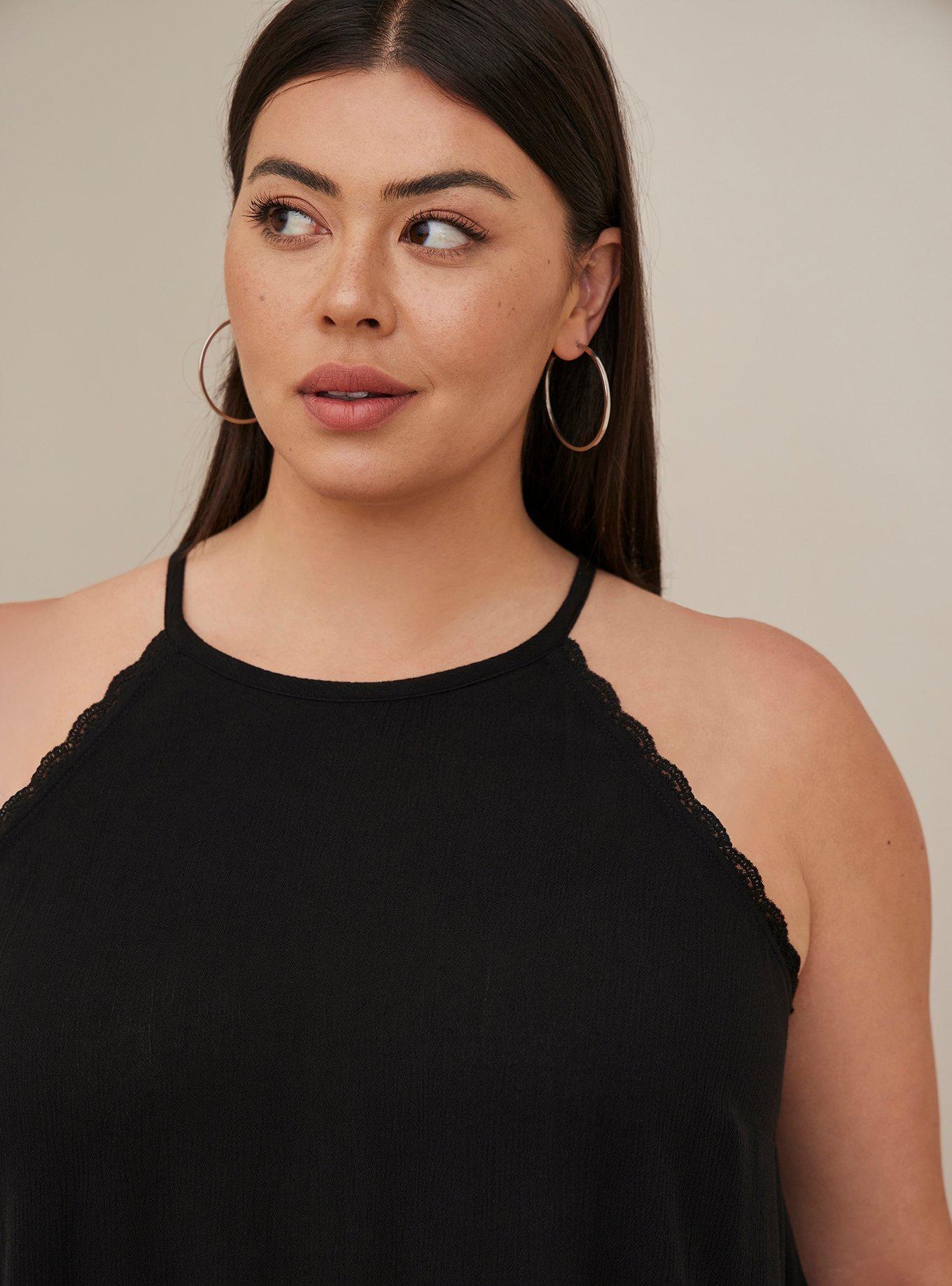 Plus Size Gauze Lace Trim Goddess Neck Tank, DEEP BLACK, alternate