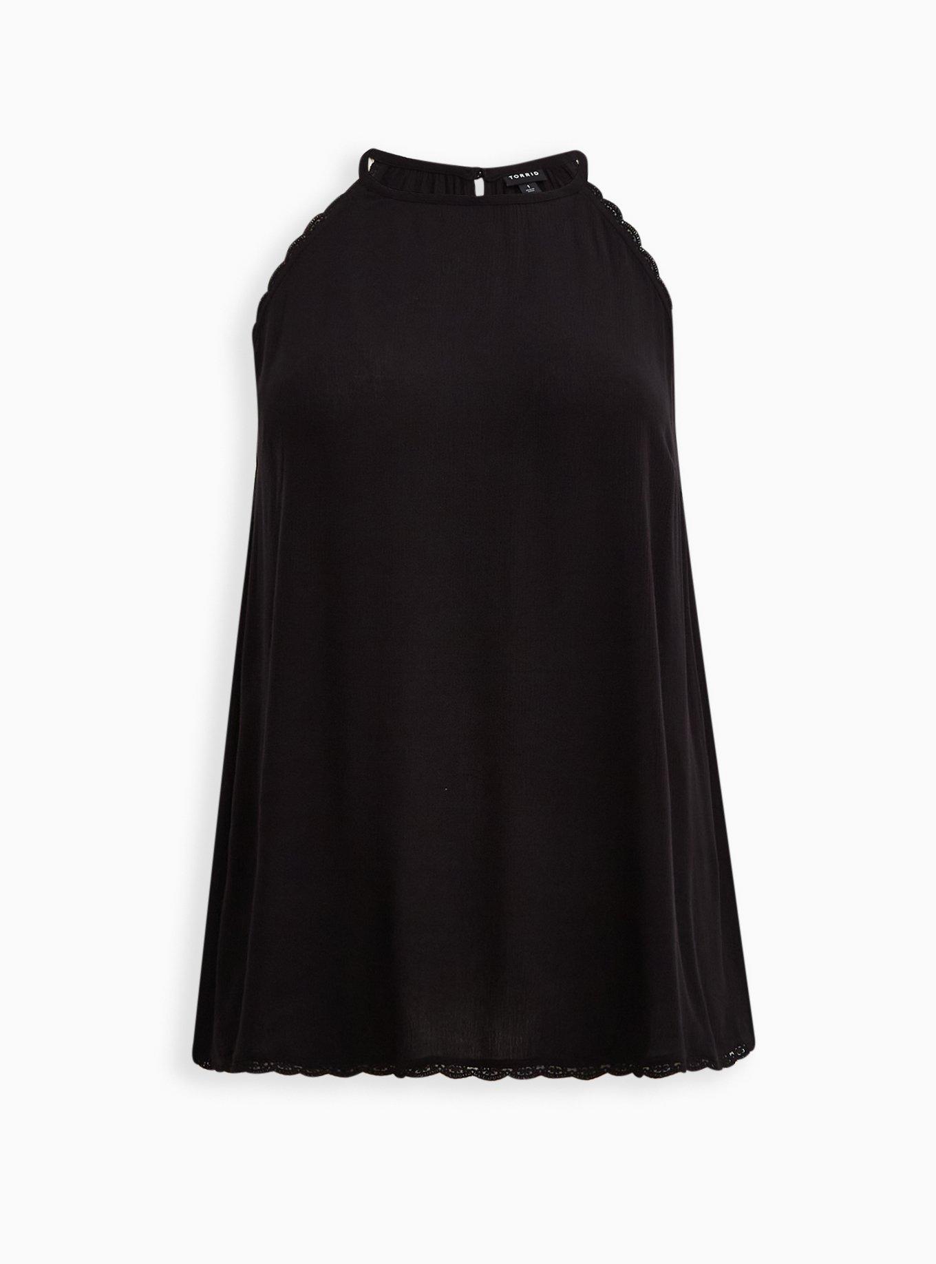 Plus Size Gauze Lace Trim Goddess Neck Tank, DEEP BLACK, hi-res