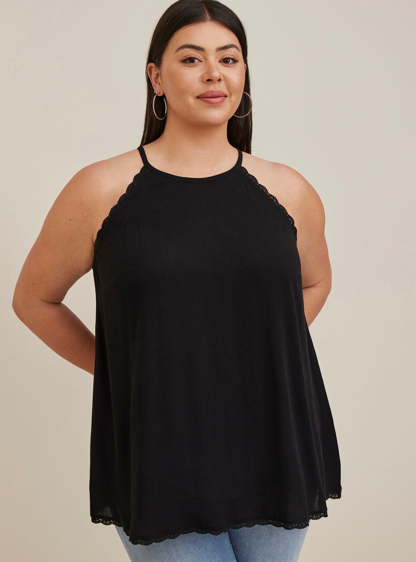Plus Size Gauze Lace Trim Goddess Neck Tank, DEEP BLACK, hi-res