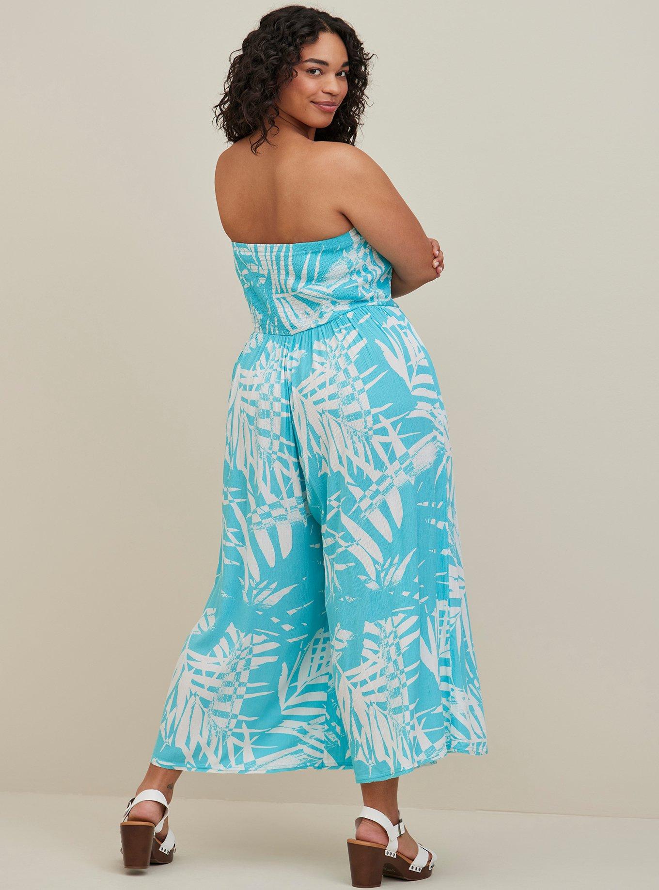 Crop Gauze Smocked Strapless Beach Jumpsuit, TEAL, alternate