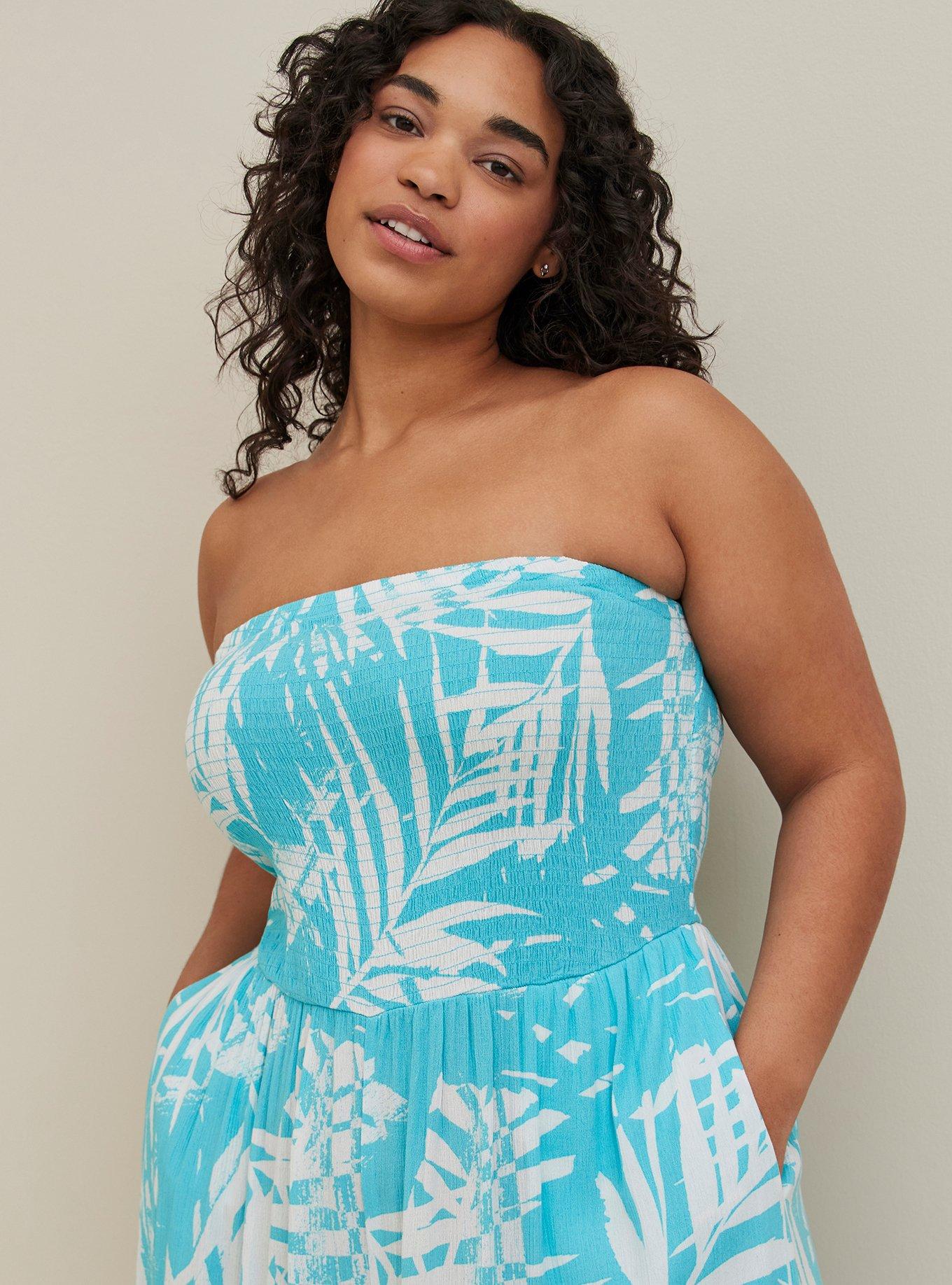 Crop Gauze Smocked Strapless Beach Jumpsuit, TEAL, alternate