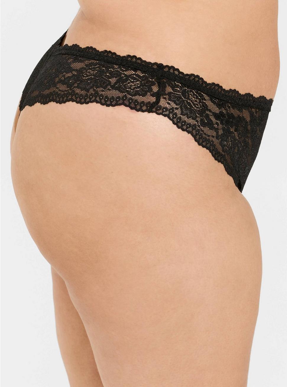 Plus Size Lace Thong Panty With Open Gusset, RICH BLACK, alternate