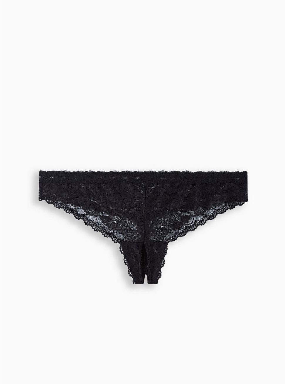 Plus Size Lace Thong Panty With Open Gusset, RICH BLACK, hi-res