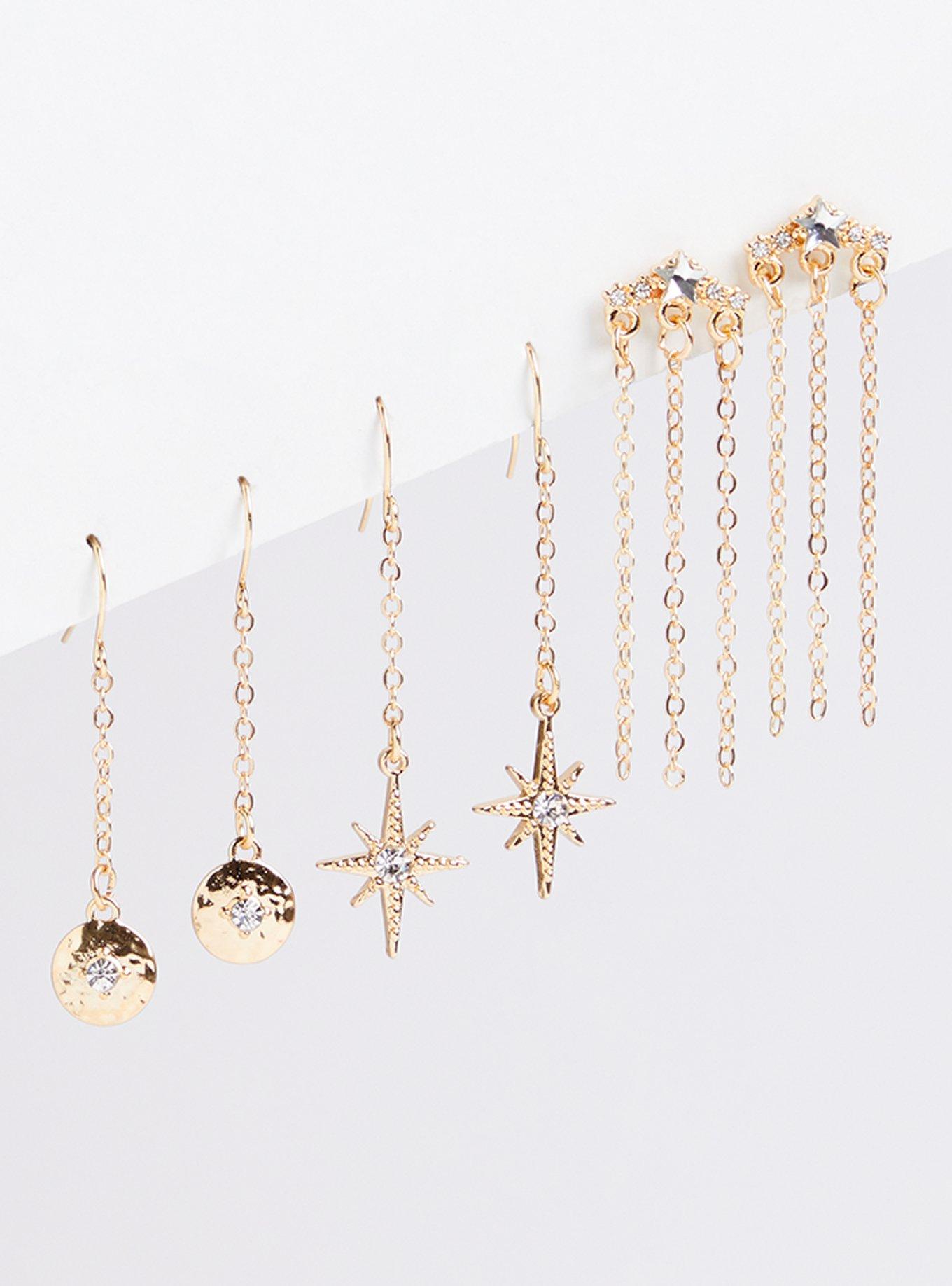 Plus Size Celestial Linear Earring Set of 3 - Gold Tone, , hi-res