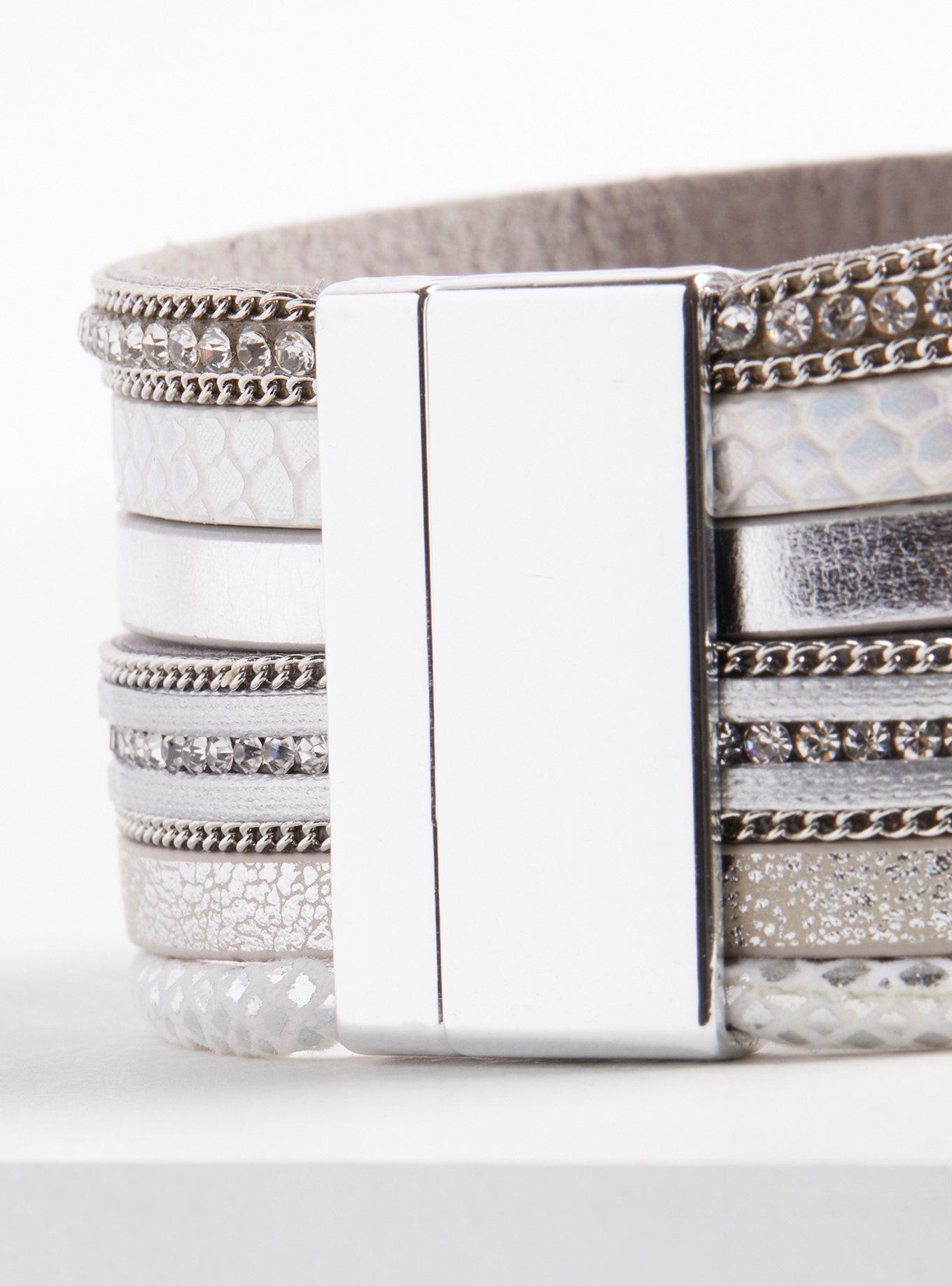 Metallic Faux Leather Magnetic Bracelet , SILVER, alternate