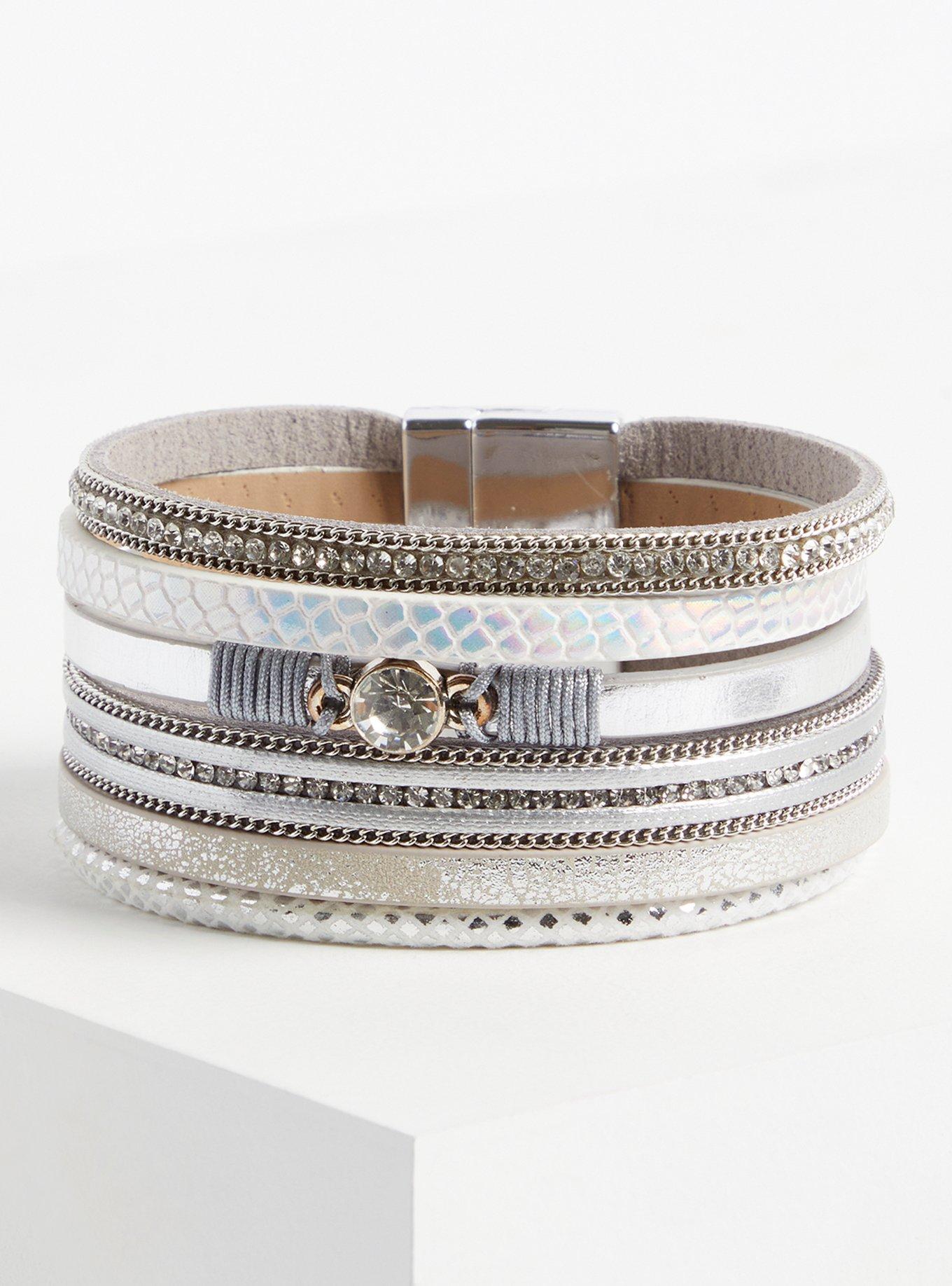 Metallic Faux Leather Magnetic Bracelet , SILVER, hi-res