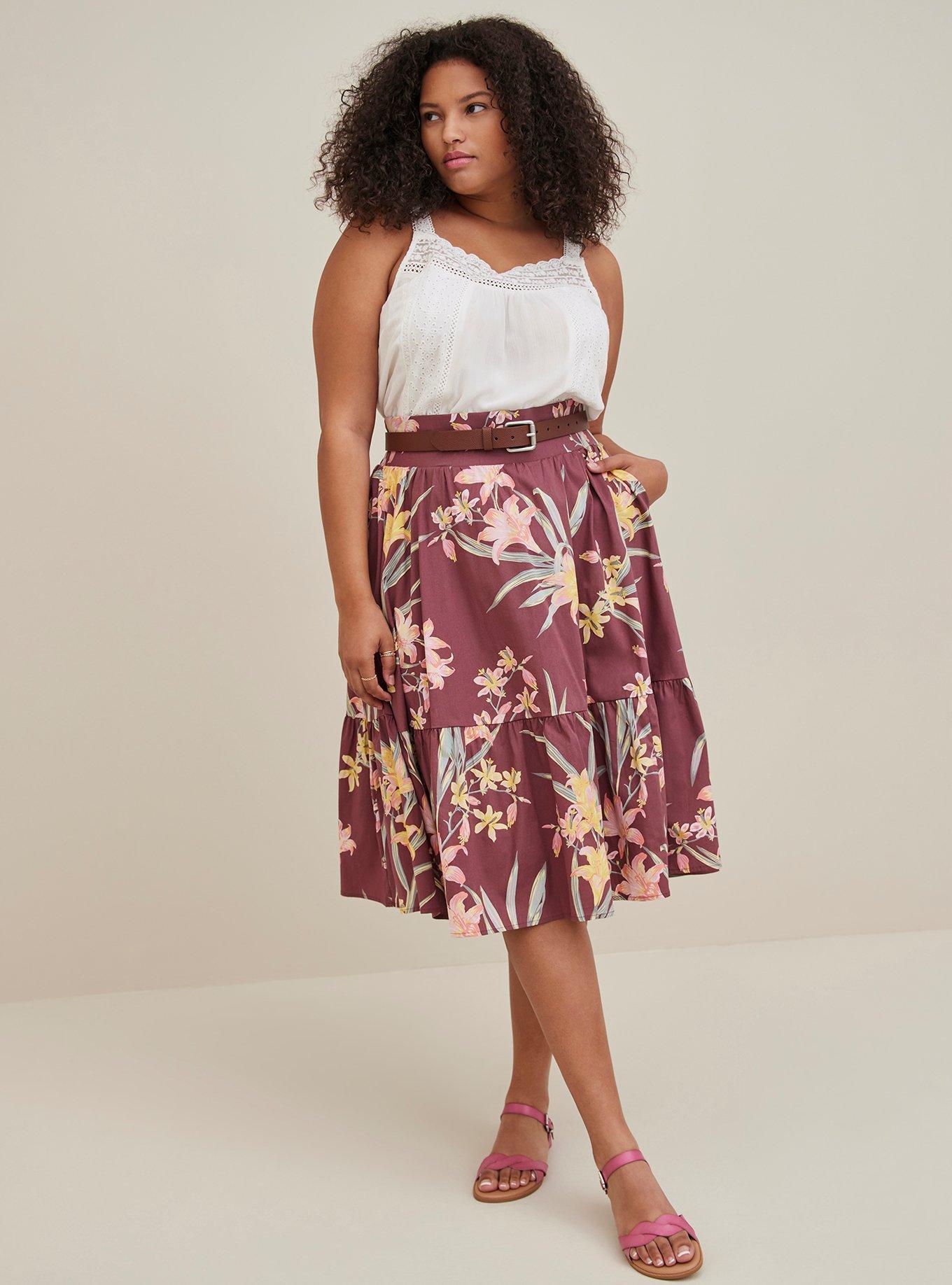 Plus Size Midi Poplin Tiered Skirt Torrid