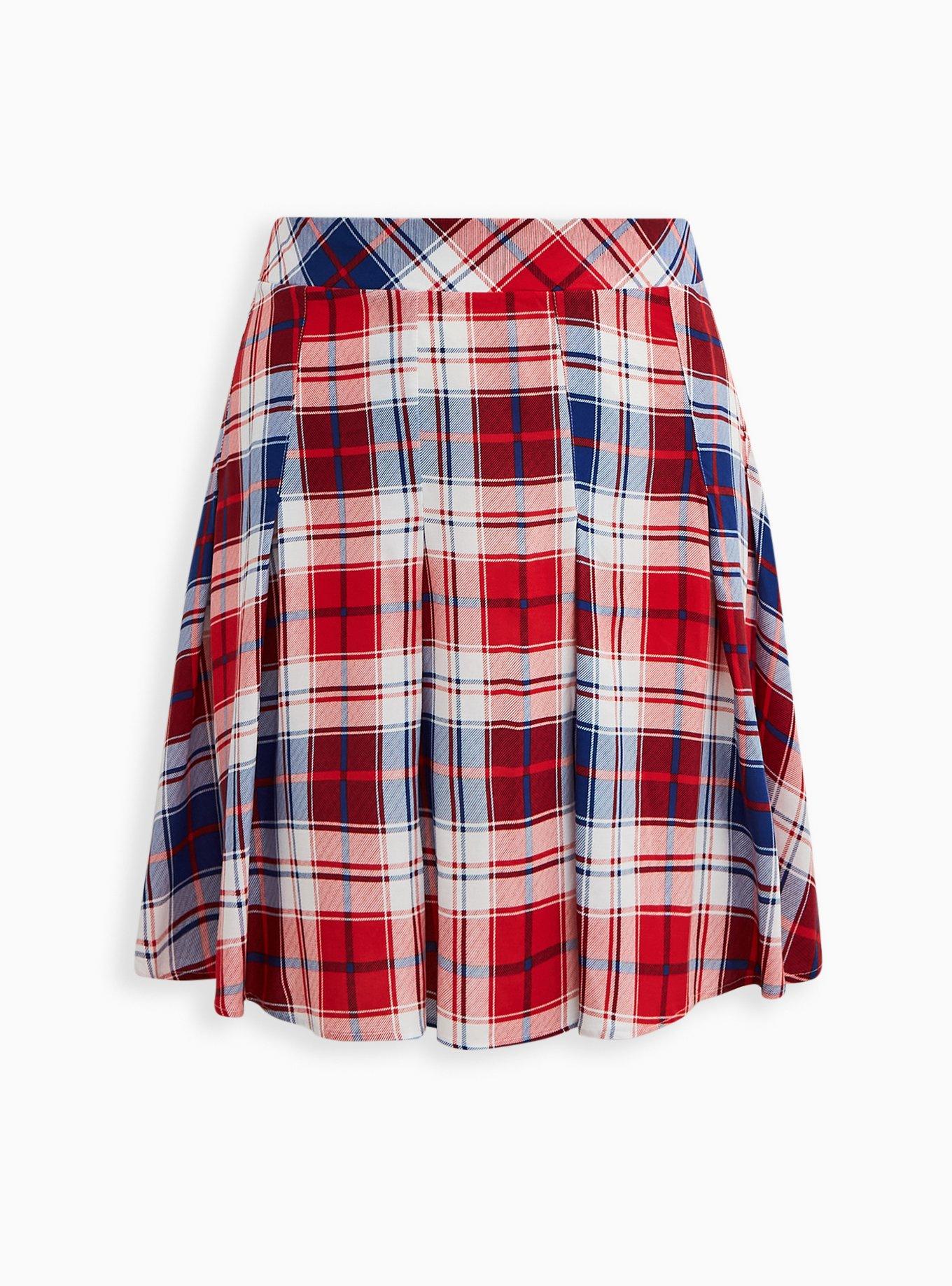Pleated Skater Skirt - Challis Plaid Blue & Red, , hi-res